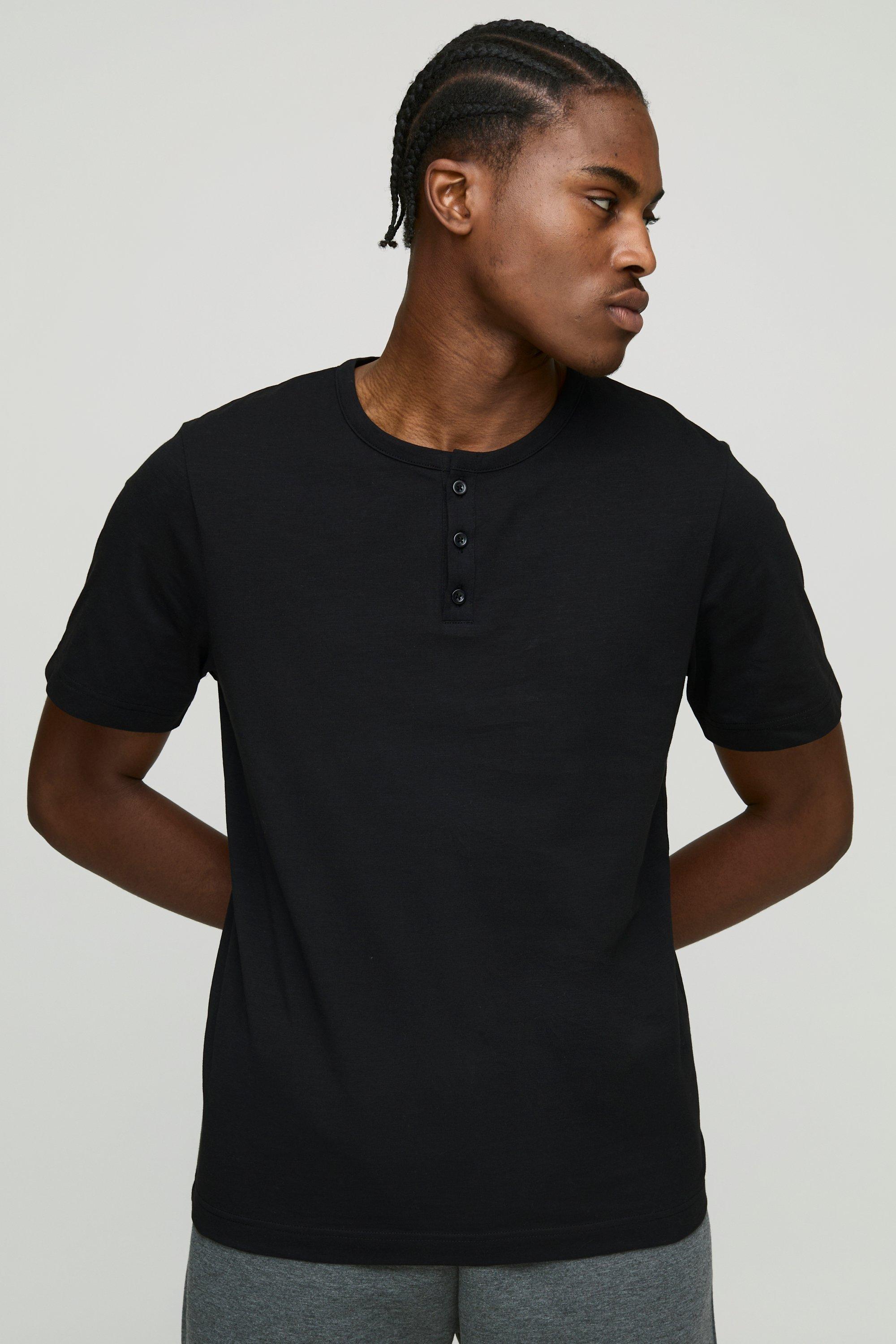 Mens Black Regular Fit Button Neck Slub T-Shirt, Black