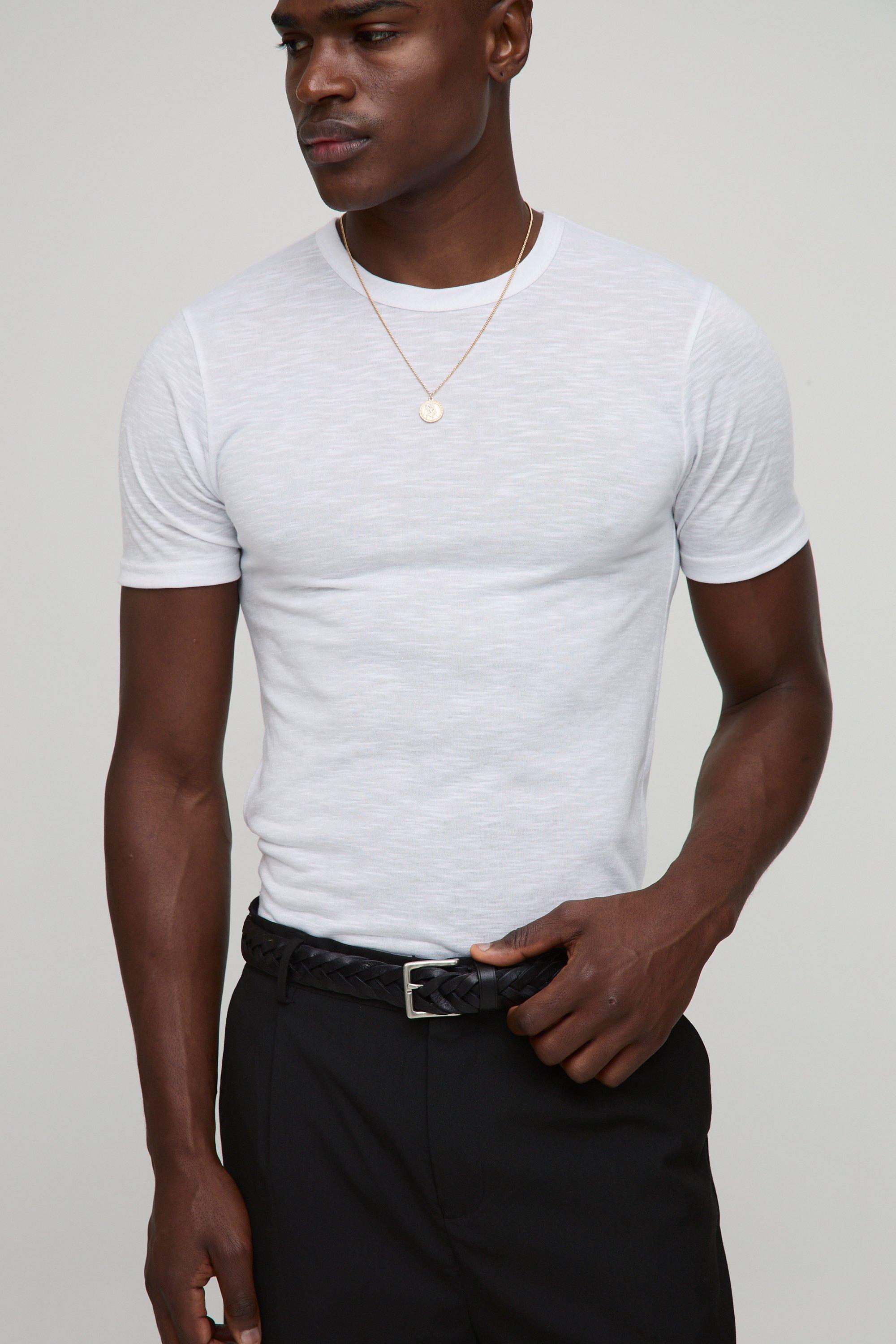 Mens White Muscle Fit Slub T-Shirt, White