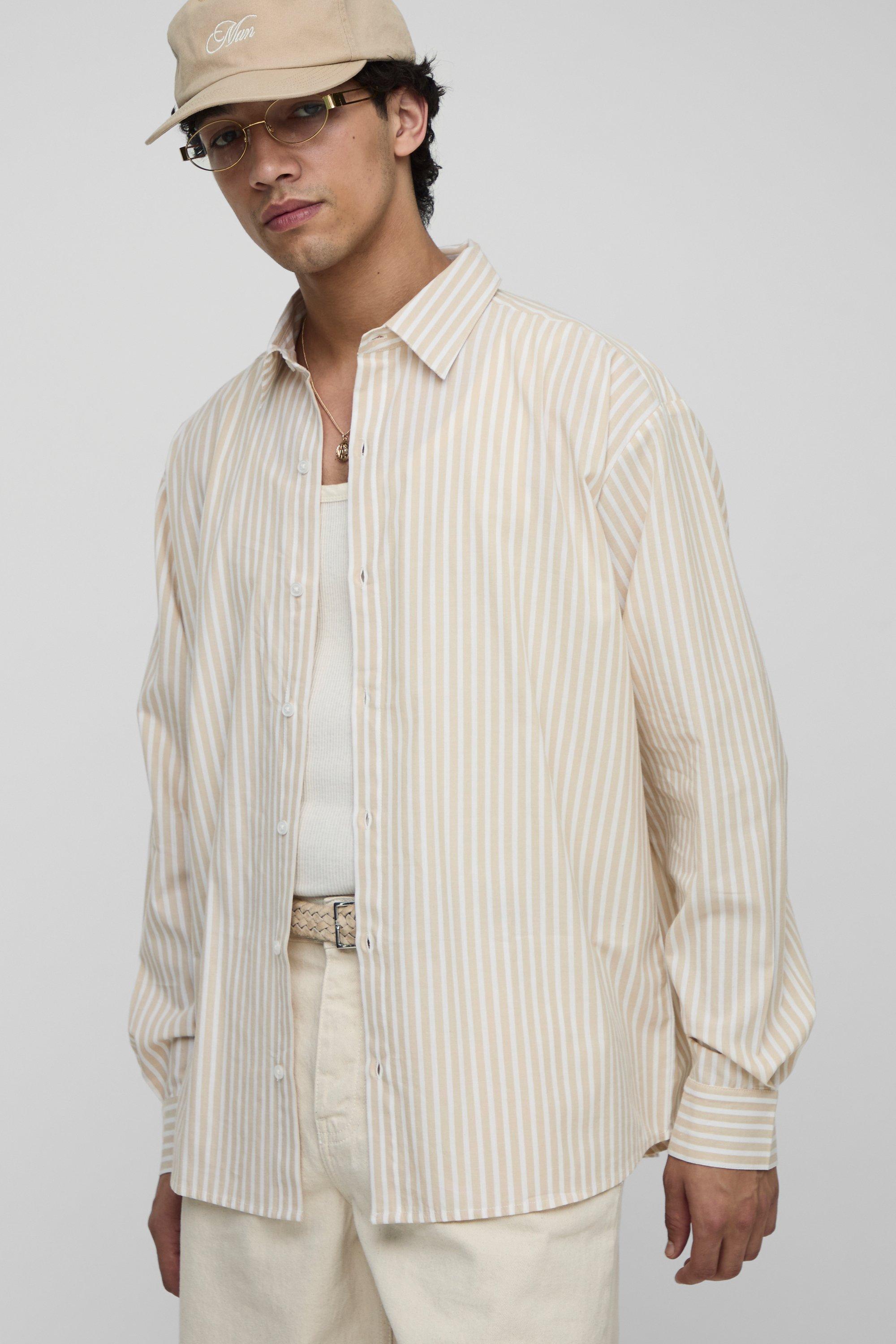 Mens Beige Oversized Striped Long Sleeve Shirt, Beige
