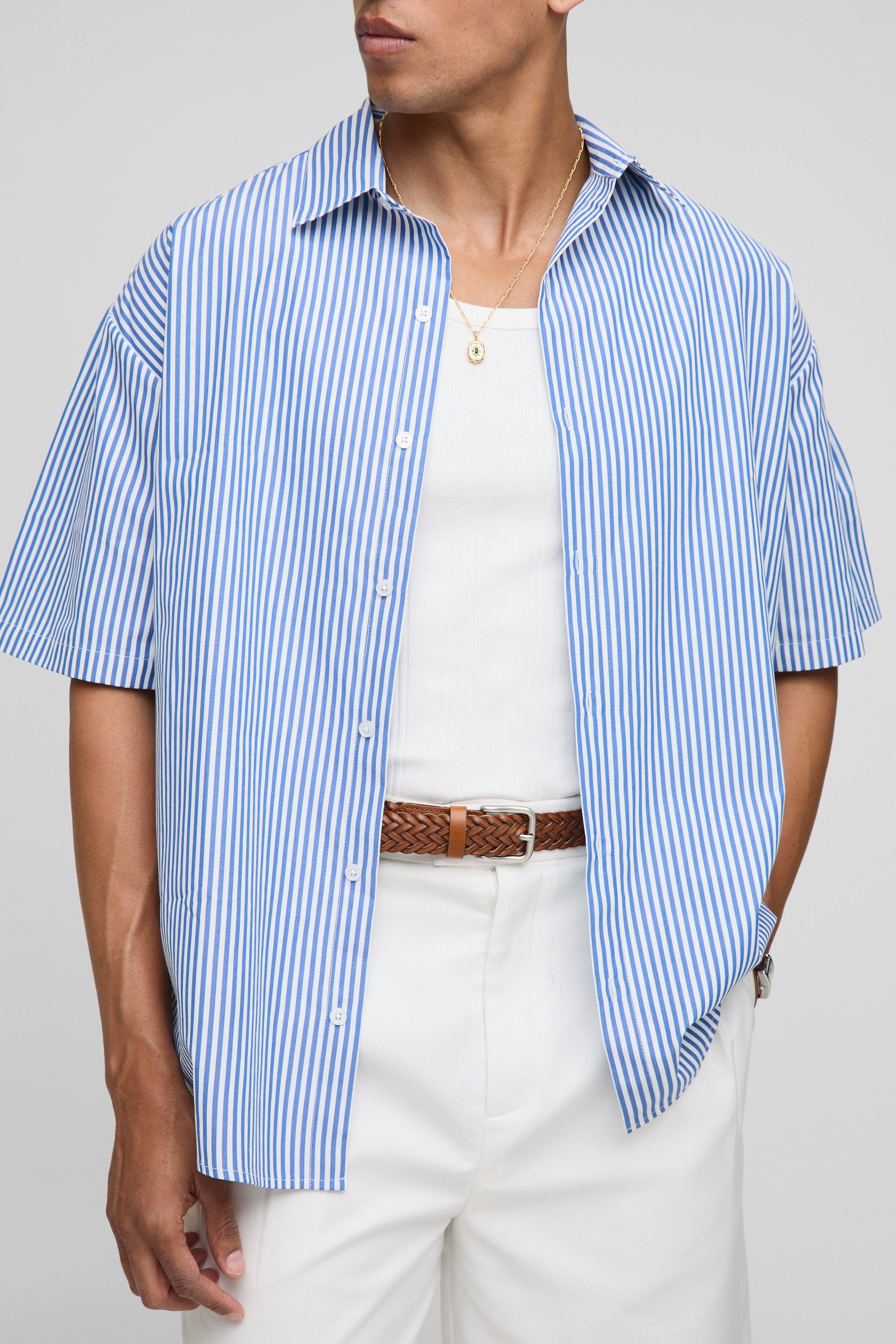 Mens Blue Oversized Striped Short Sleeve Shirt, Blue