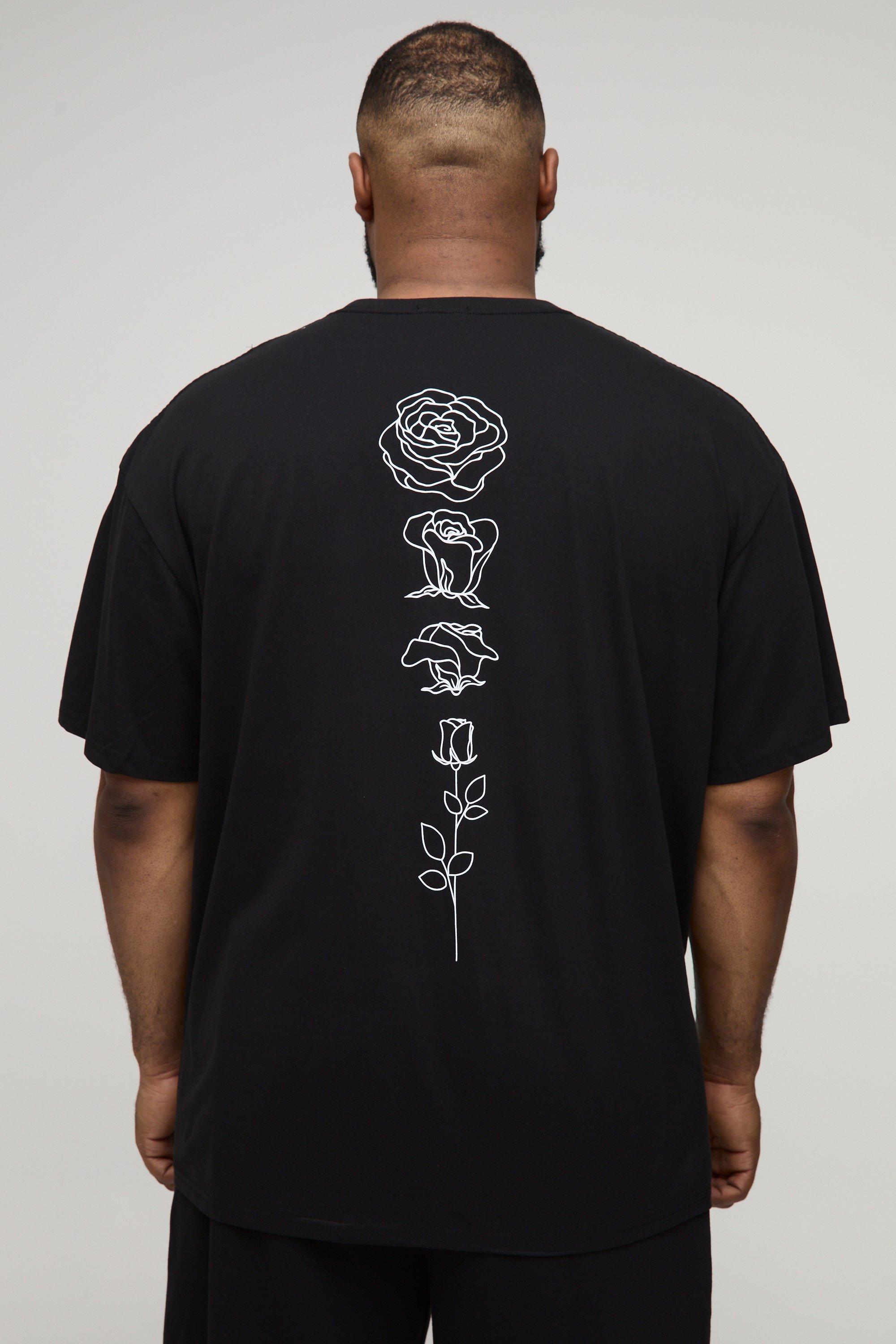 Image of T-shirt Plus Size oversize a fiori con stampa di disegni a linee, Nero