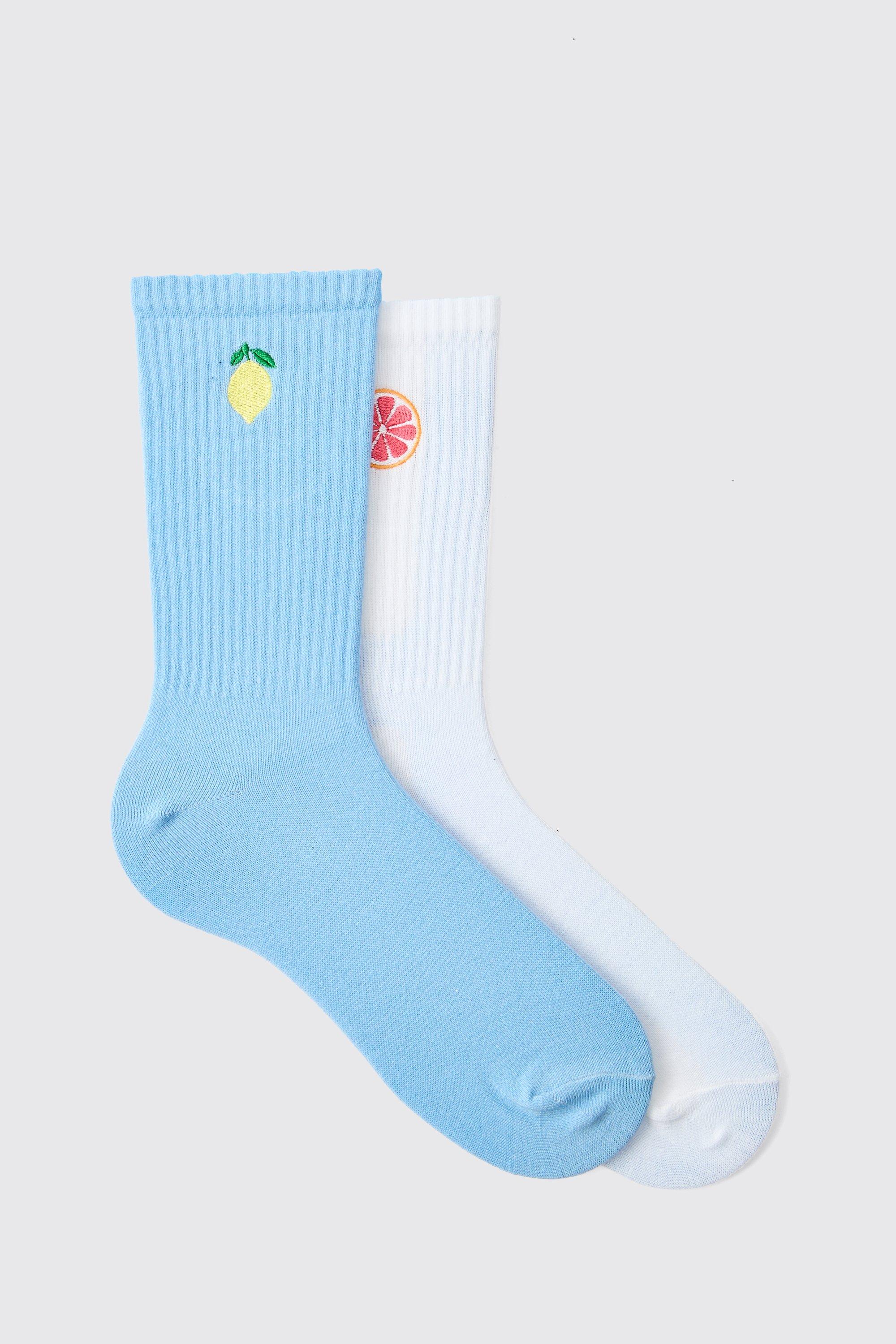 Mens Multi 2 Pack Fruit Embroidered Sport Sock, Multi