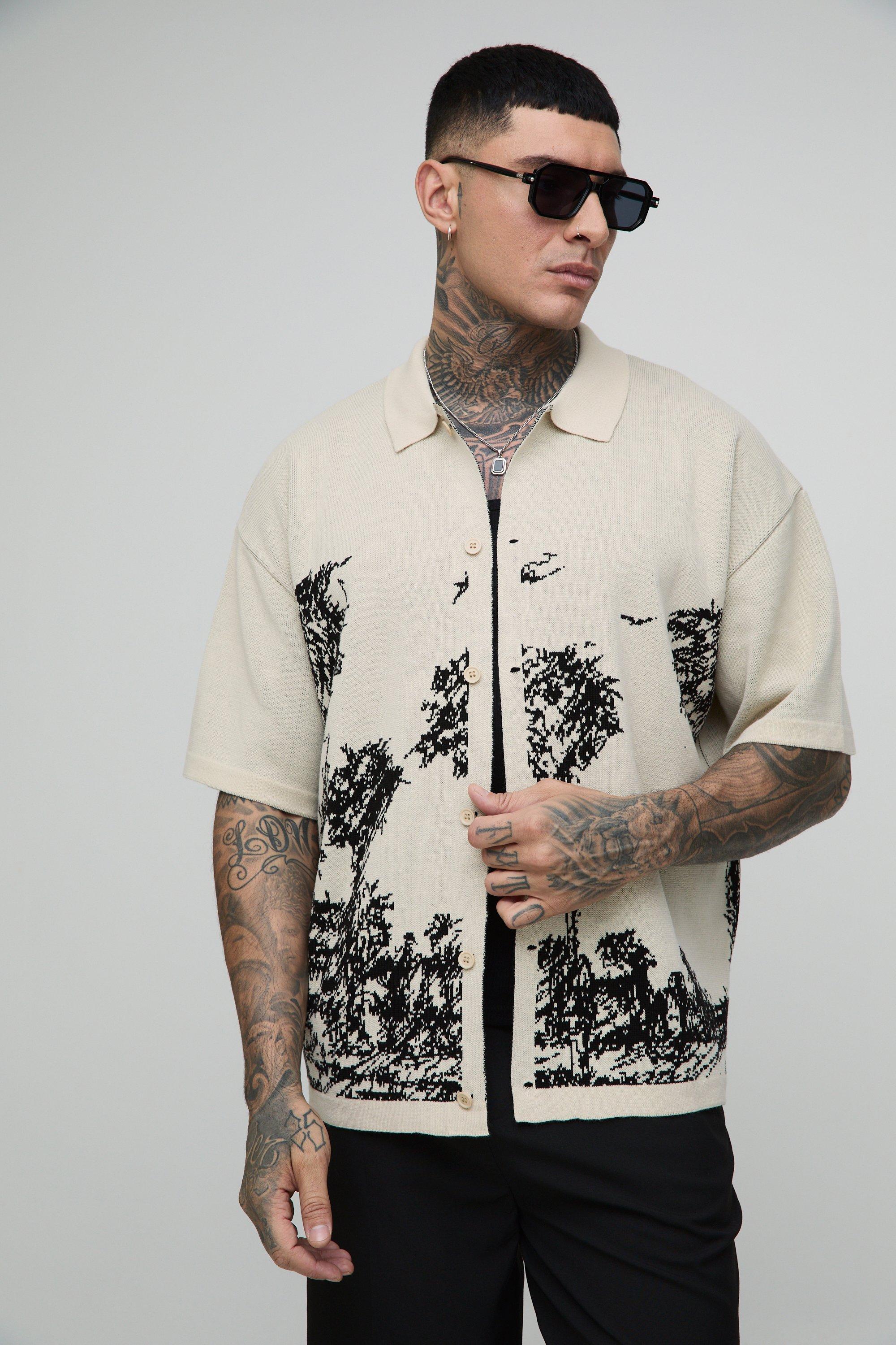 Mens Cream Tall Relaxed Palm Print Jacquard Knitted Shirt, Cream