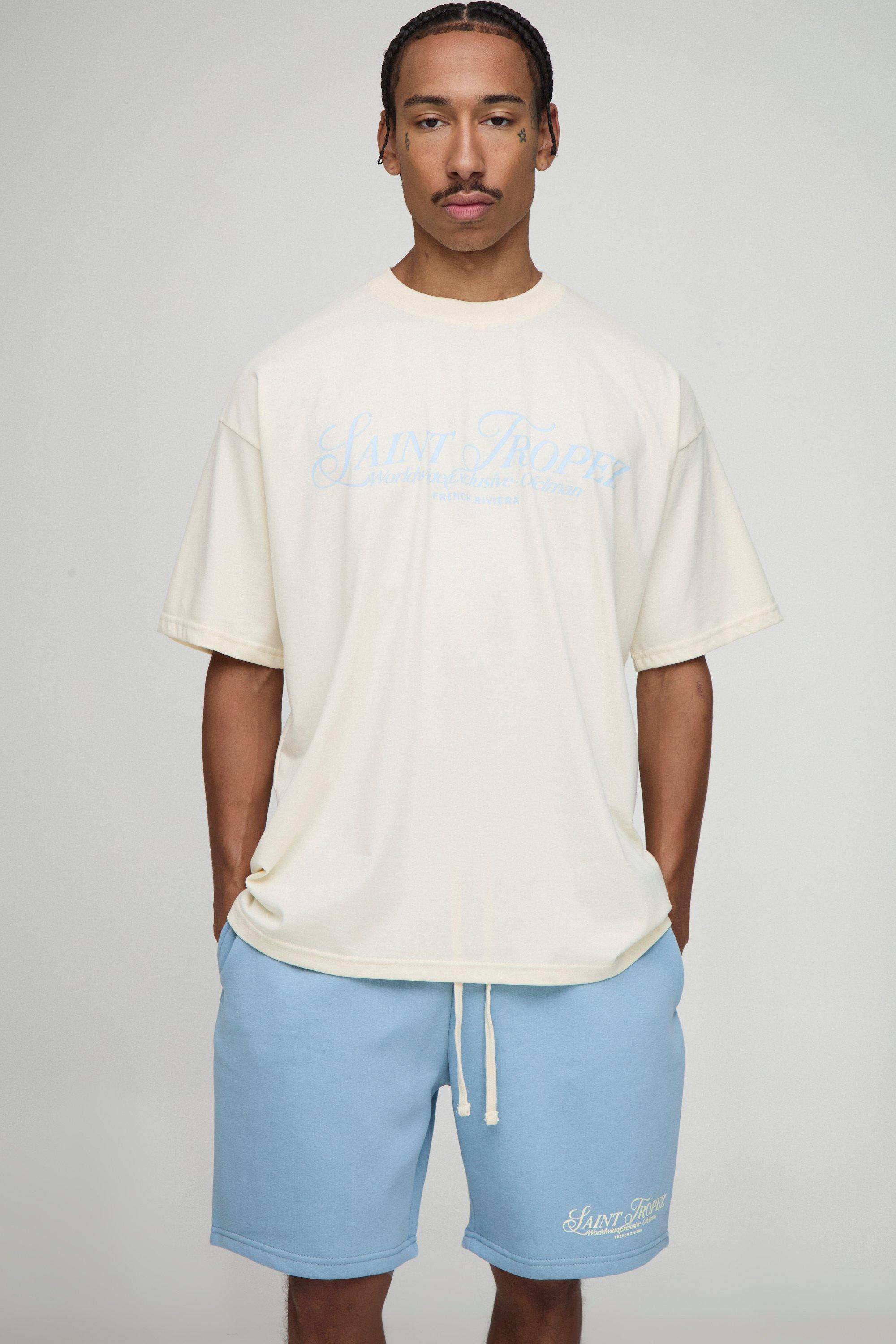 Mens Blue Oversized Heavyweight Slogan T-Shirt & Short Set, Blue