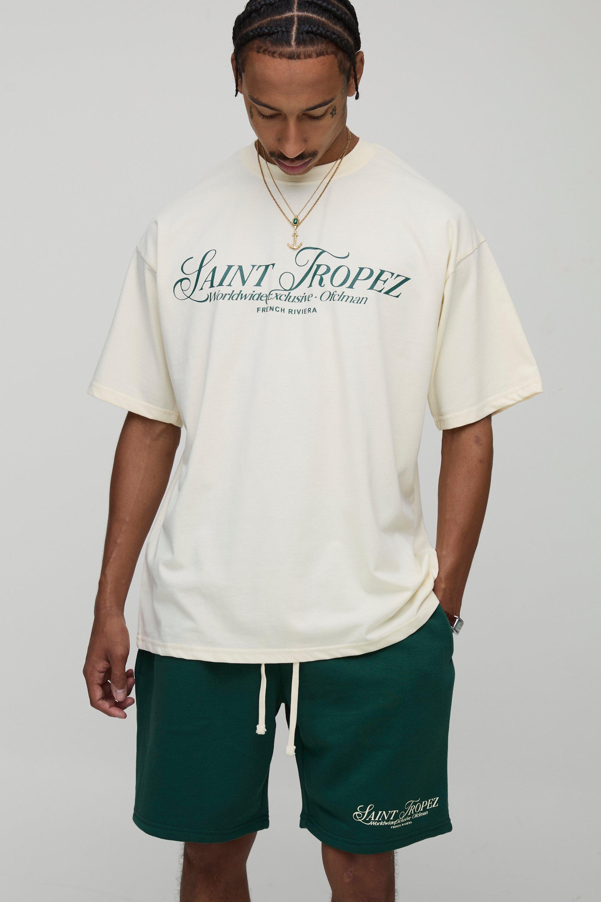 Mens Green Oversized Heavyweight Slogan T-Shirt & Short Set, Green