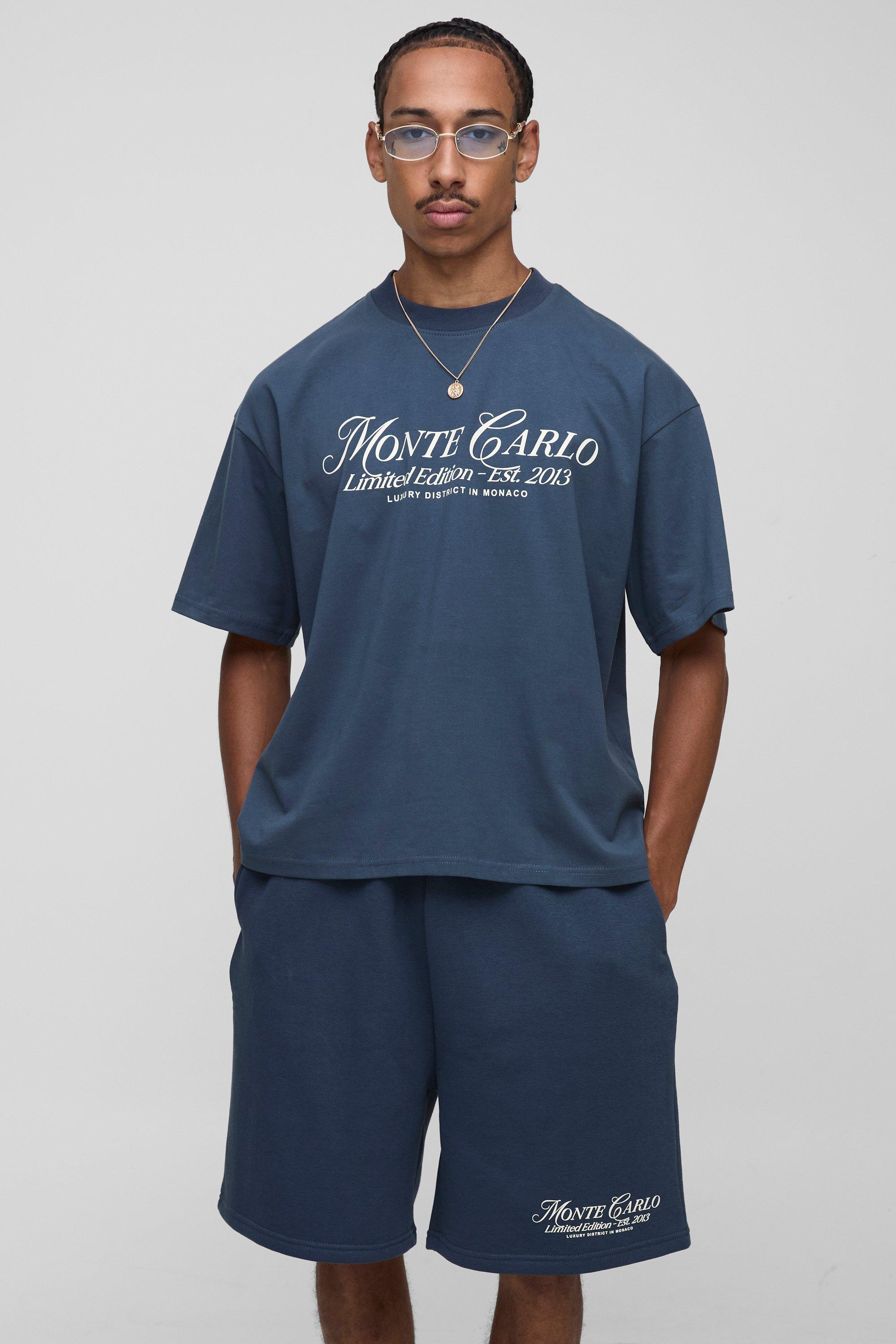 Mens Navy Oversized Boxy Heavyweight Slogan T-Shirt & Drop Crotch Short Set, Navy