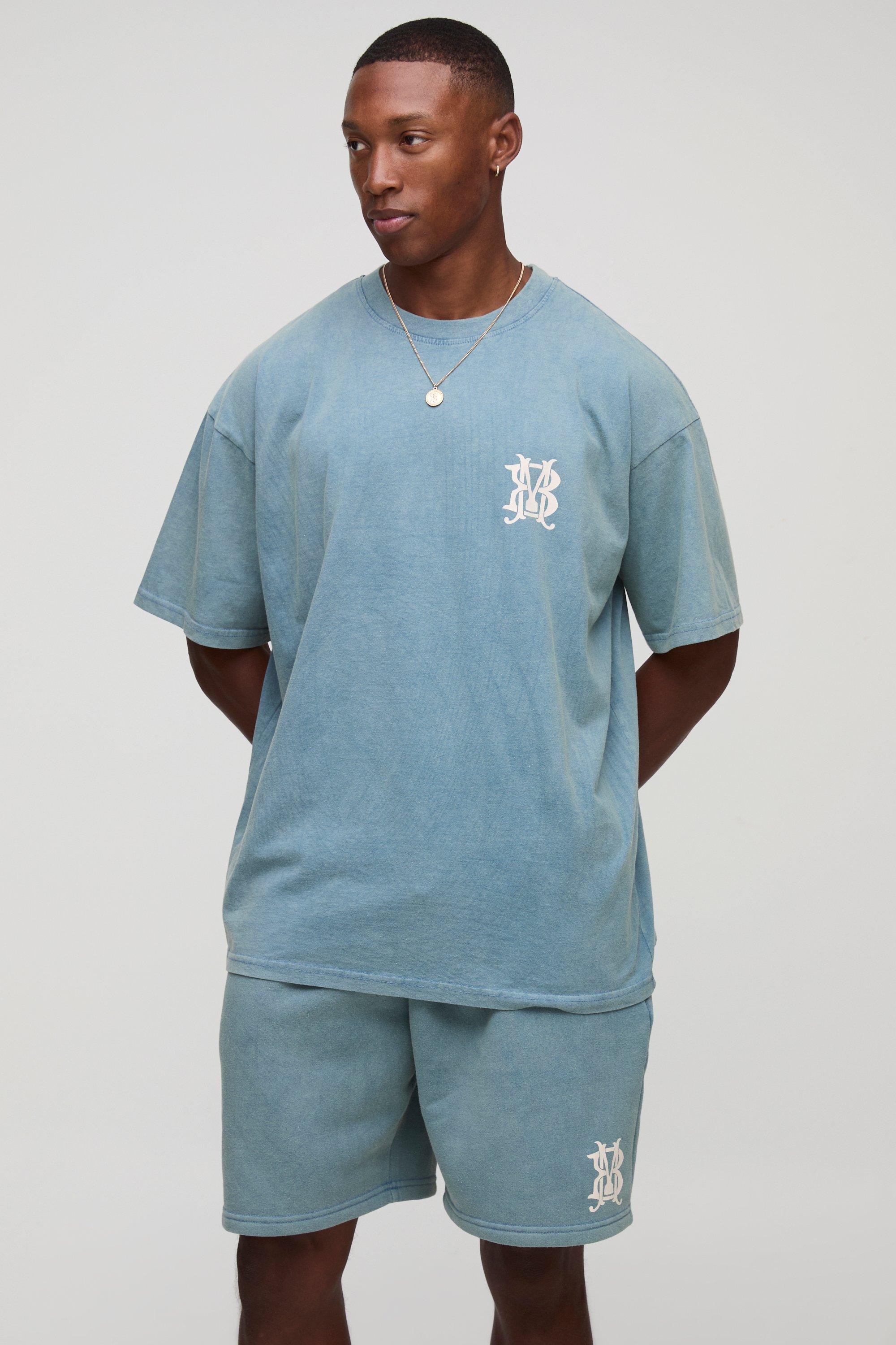 Mens Navy Oversized Homme Washed T-Shirt & Short Set, Navy