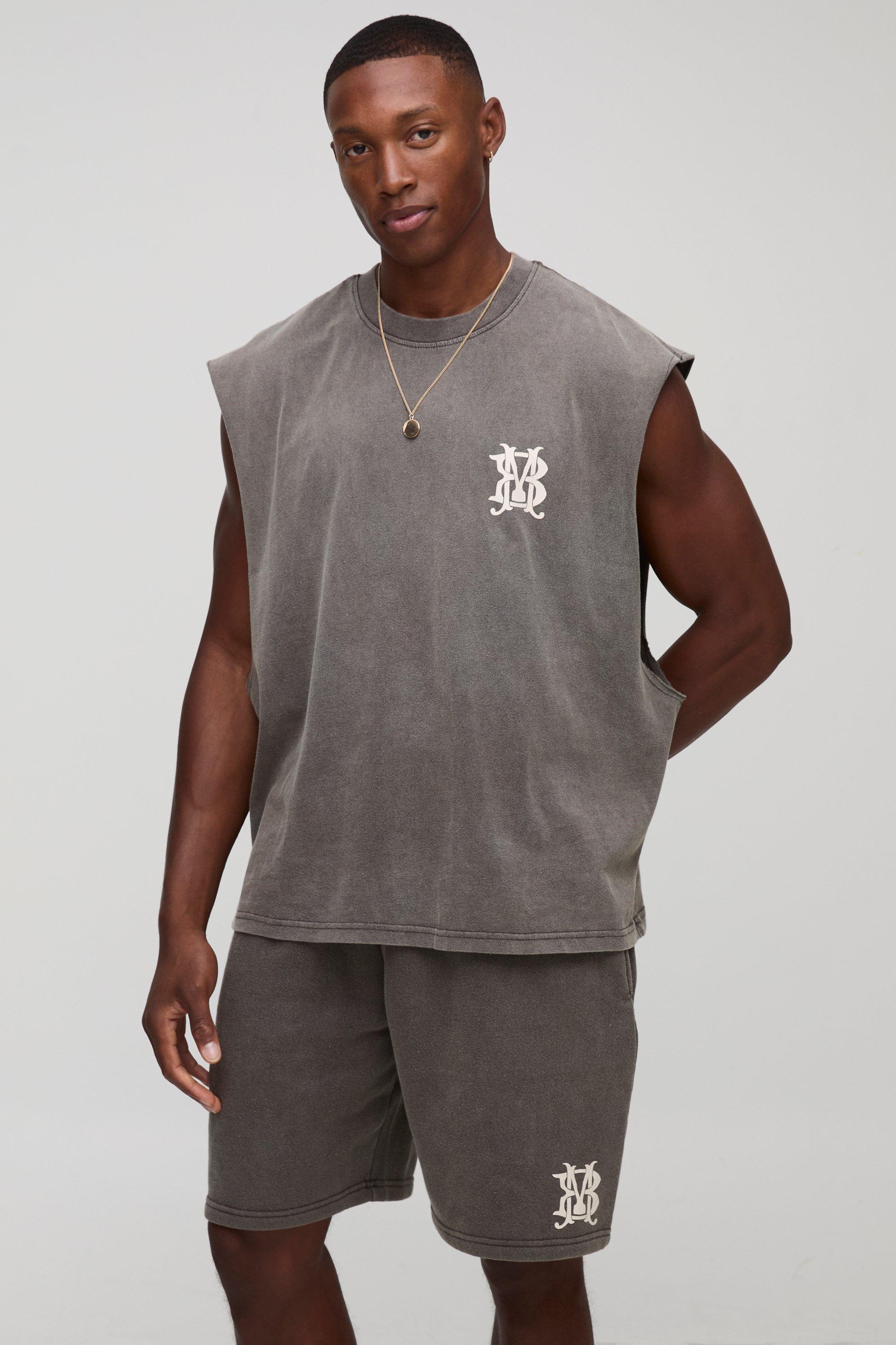 Mens Brown Oversized Boxy Homme Washed vest & Short Set, Brown