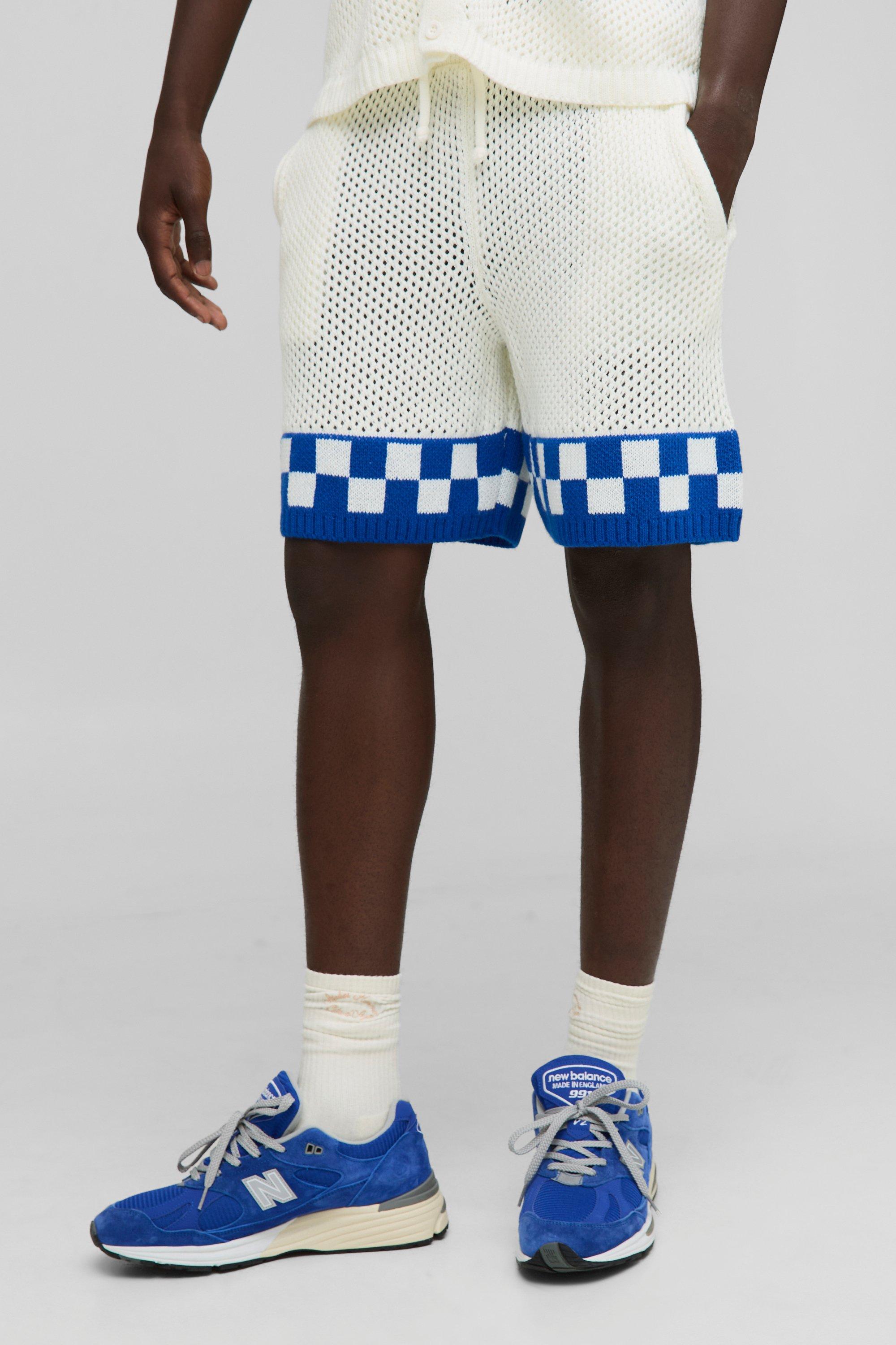 Mens Blue Relaxed Checkered Shorts, Blue