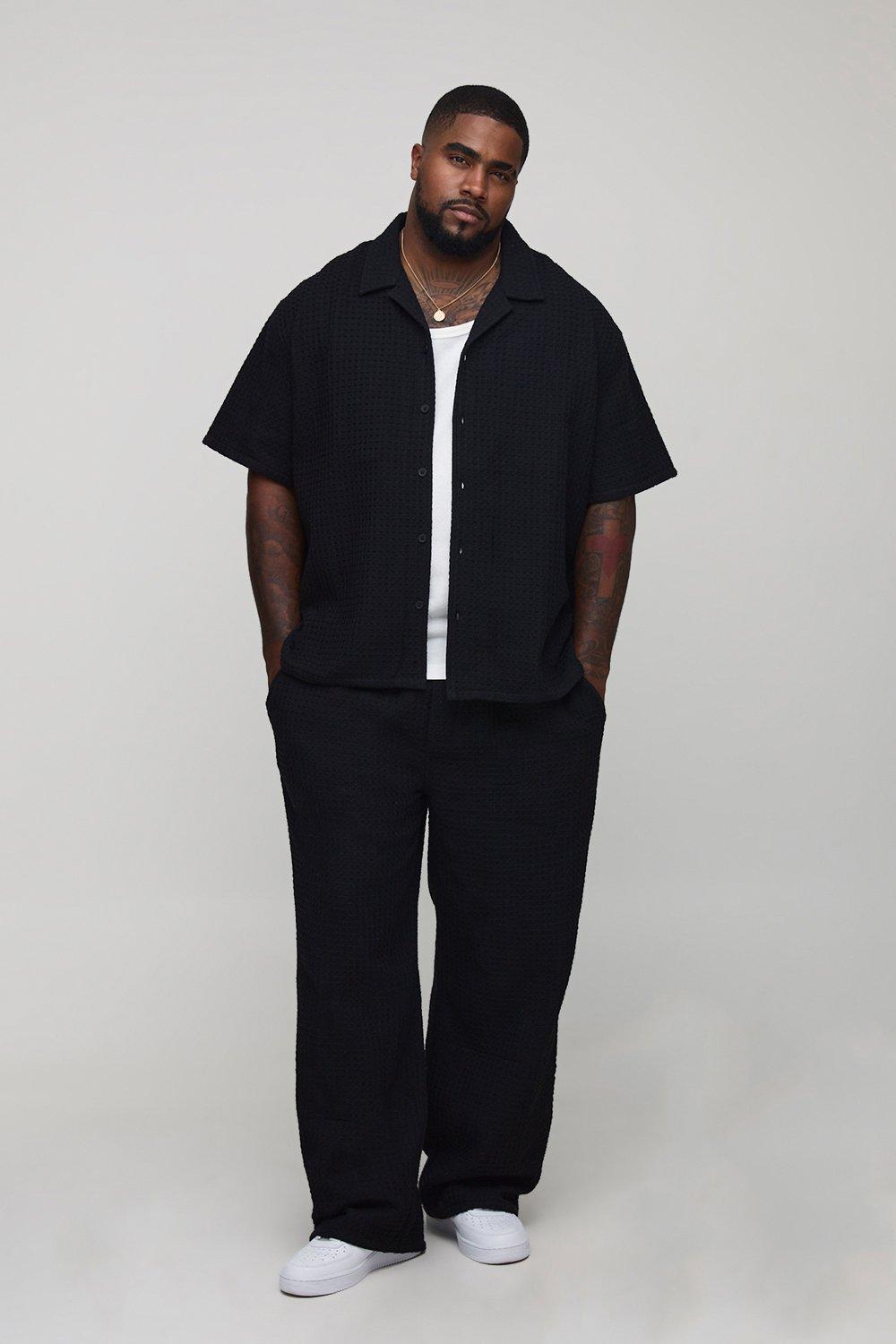 Image of Set Plus Size camicia oversize con trama a nido d'ape e rever & pantaloni rilassati, Nero