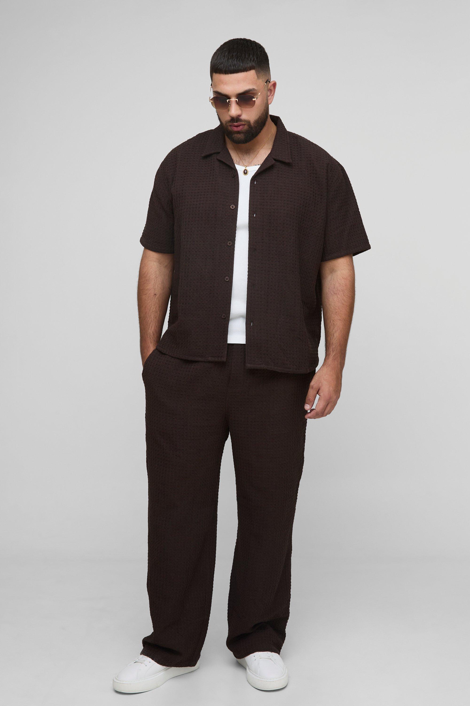 Mens Brown Plus Oversized Jumbo Waffle Revere Shirt and Relaxed Trouser Set, Brown