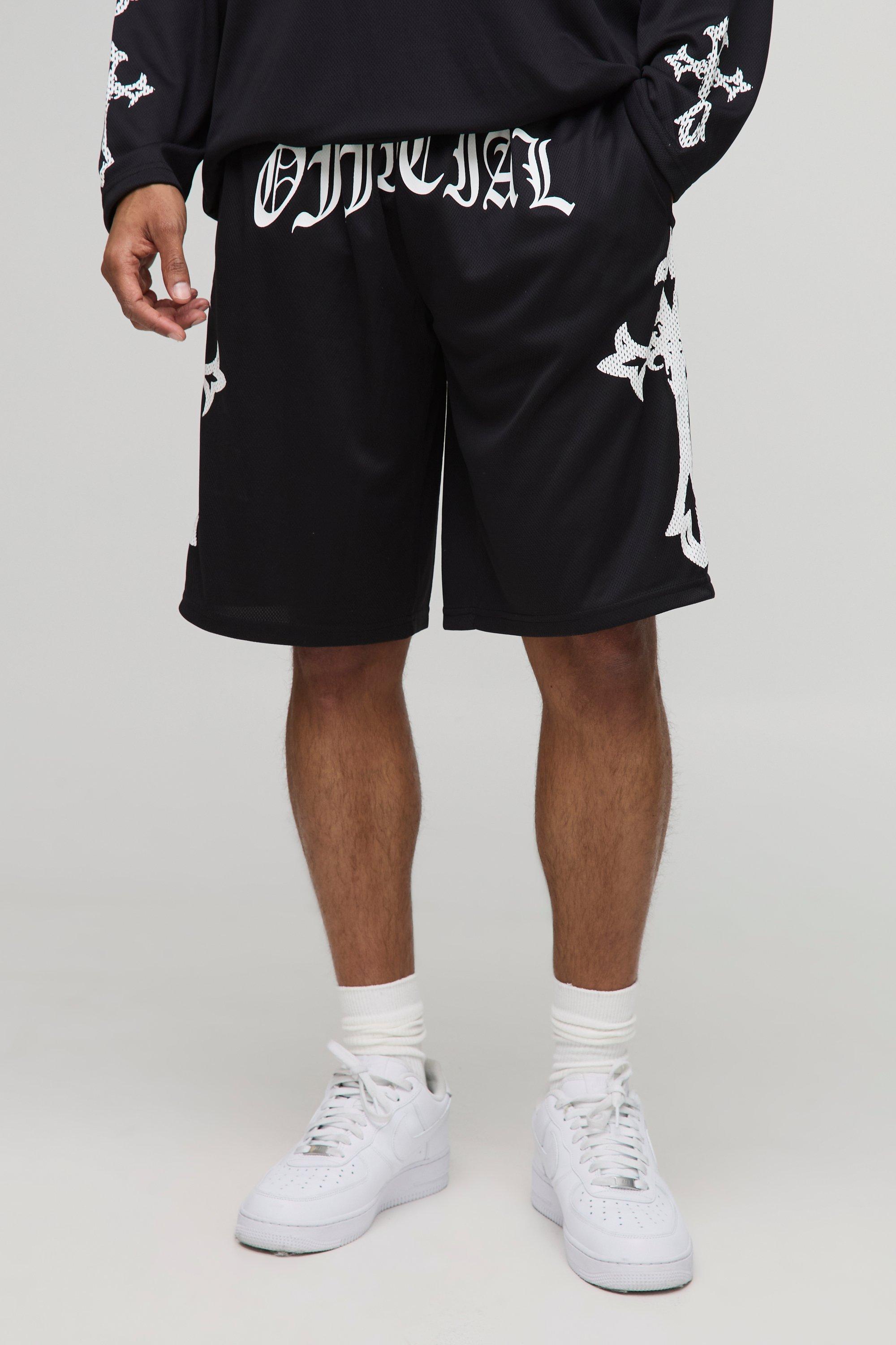 Mens Black Oversized Official Gothic Cross Mesh Shorts, Black