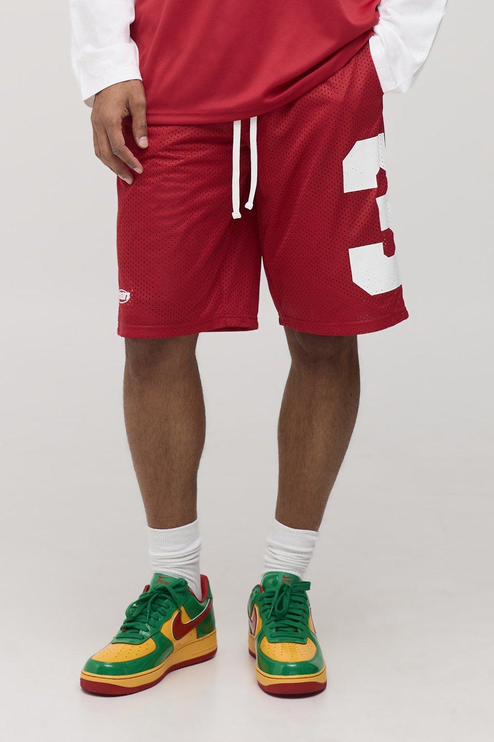 Mens Red Oversized Varsity Mesh Mid Length Shorts, Red