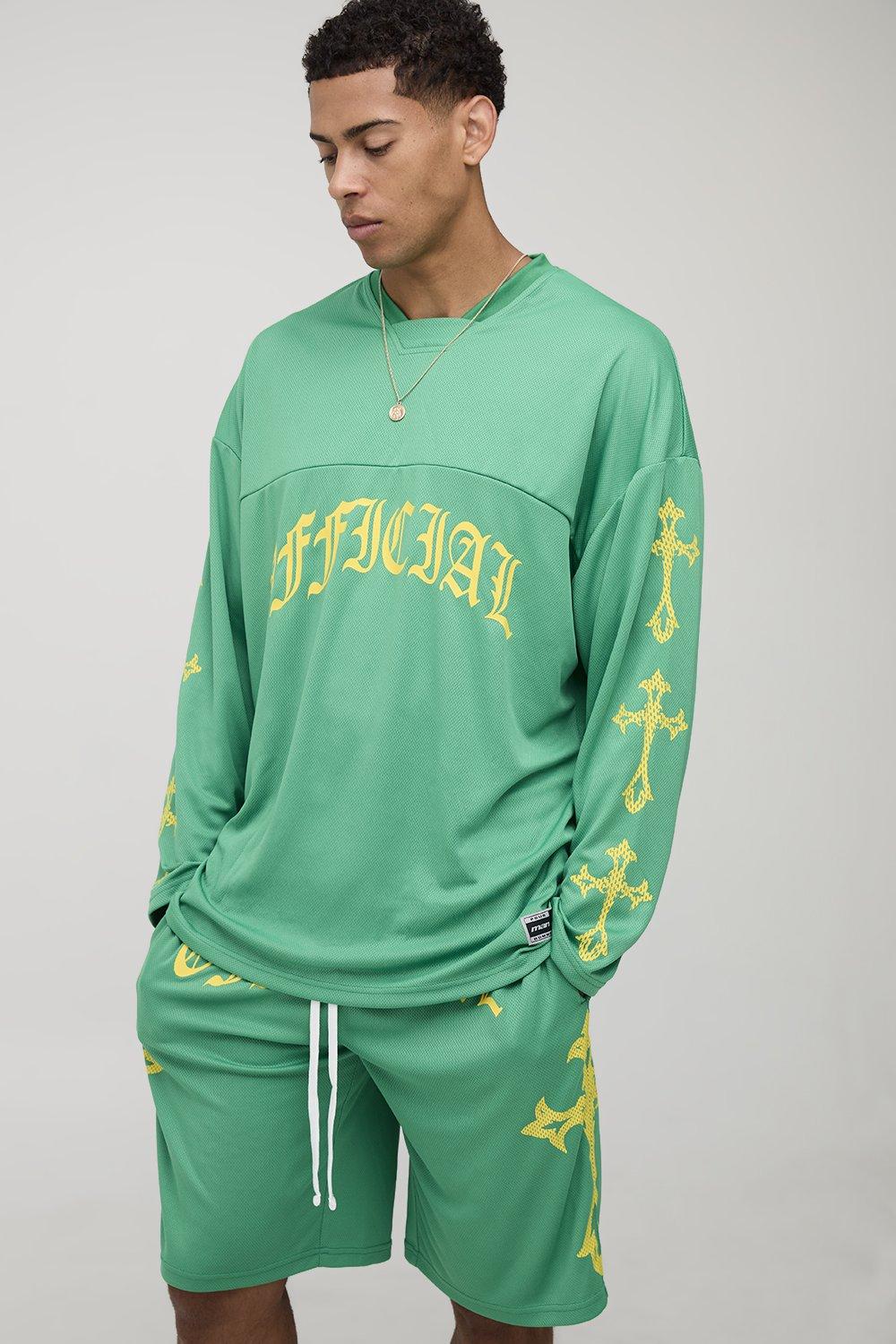 Mens Green Oversized Official Long Sleeve Mesh Hockey Top & Short Set, Green