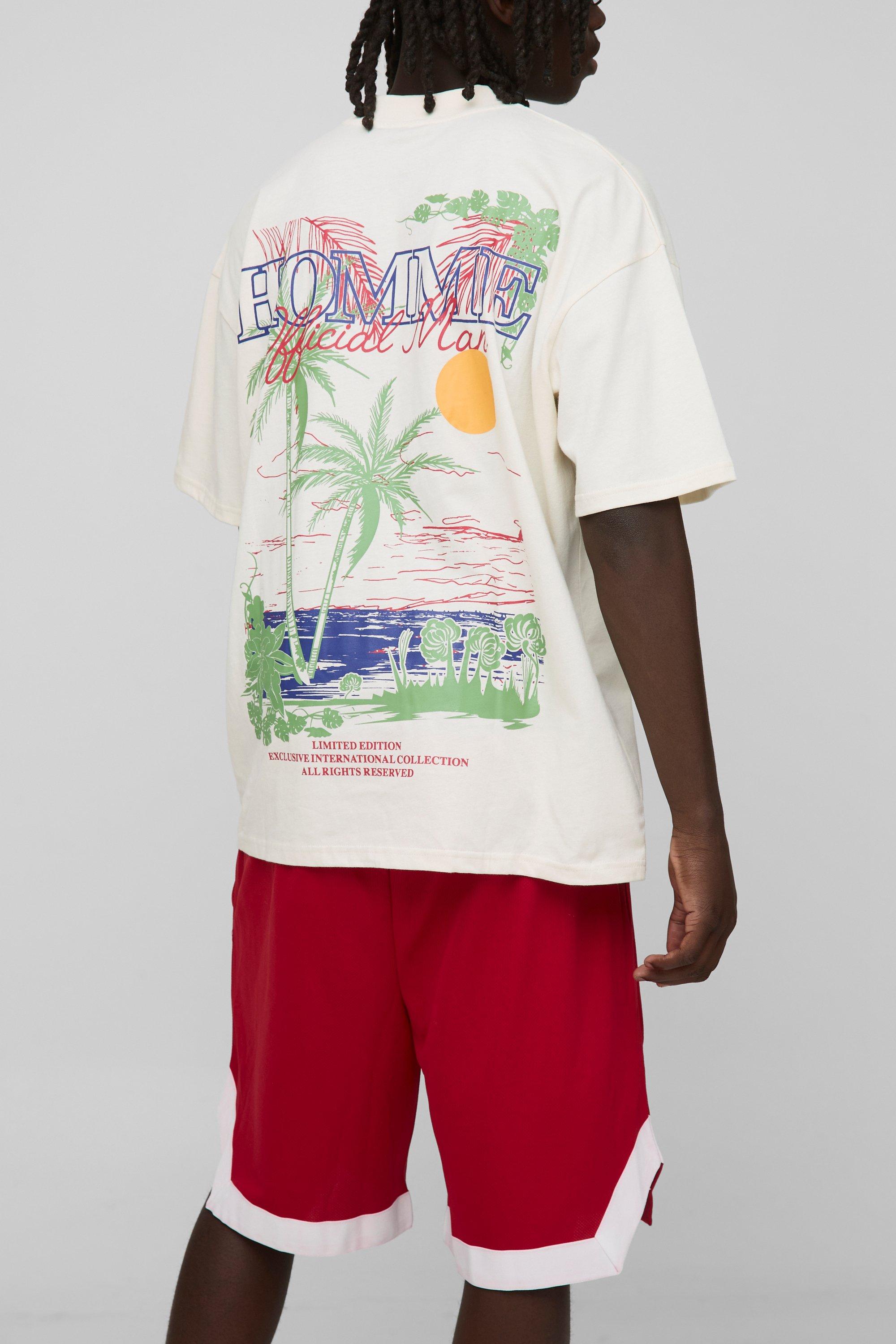 Mens Red Oversized Homme Graphic Mesh T-Shirt And Short Set, Red