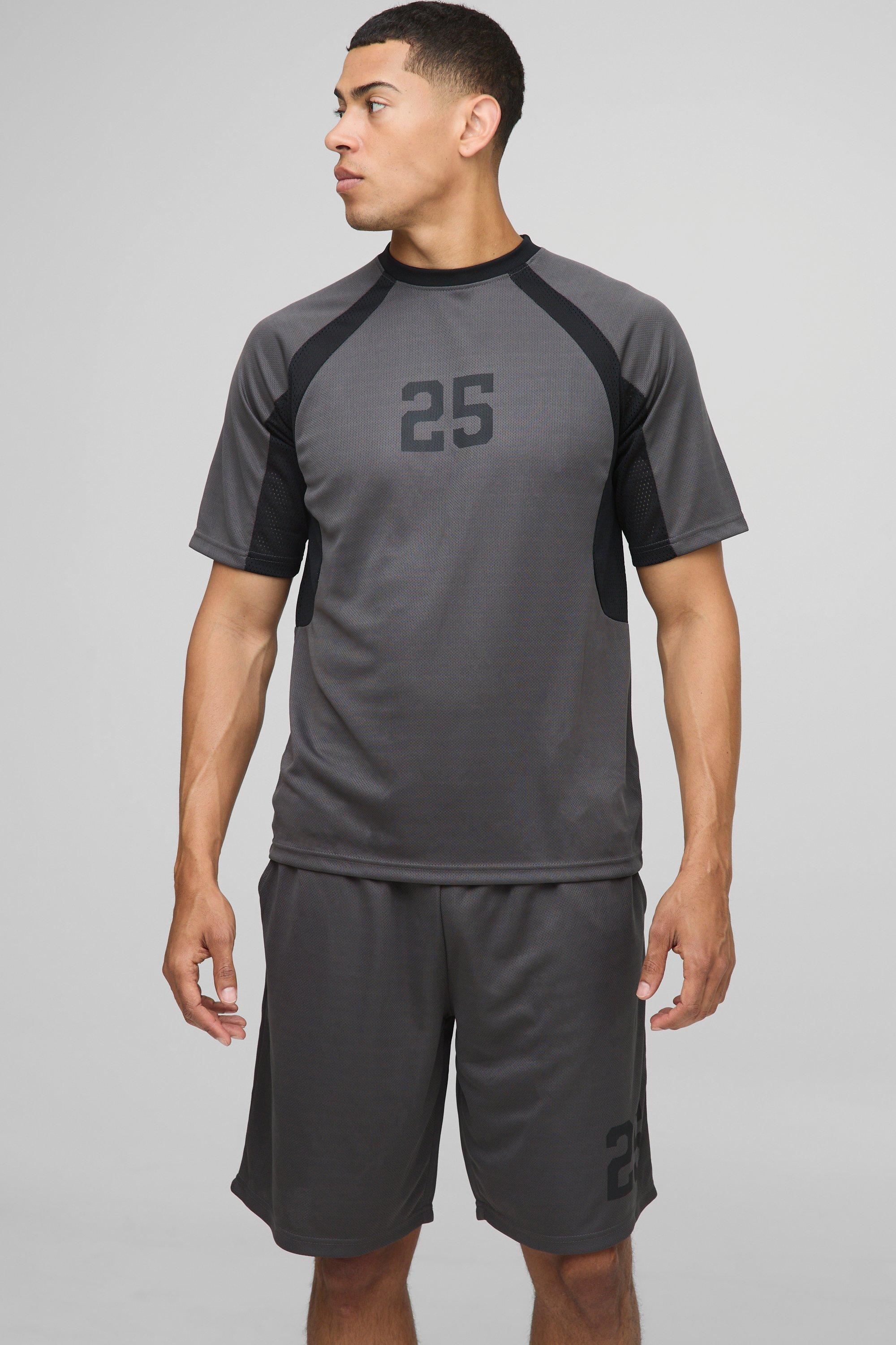 Mens Black Regular Varsity Mesh T-Shirt And Short Set, Black