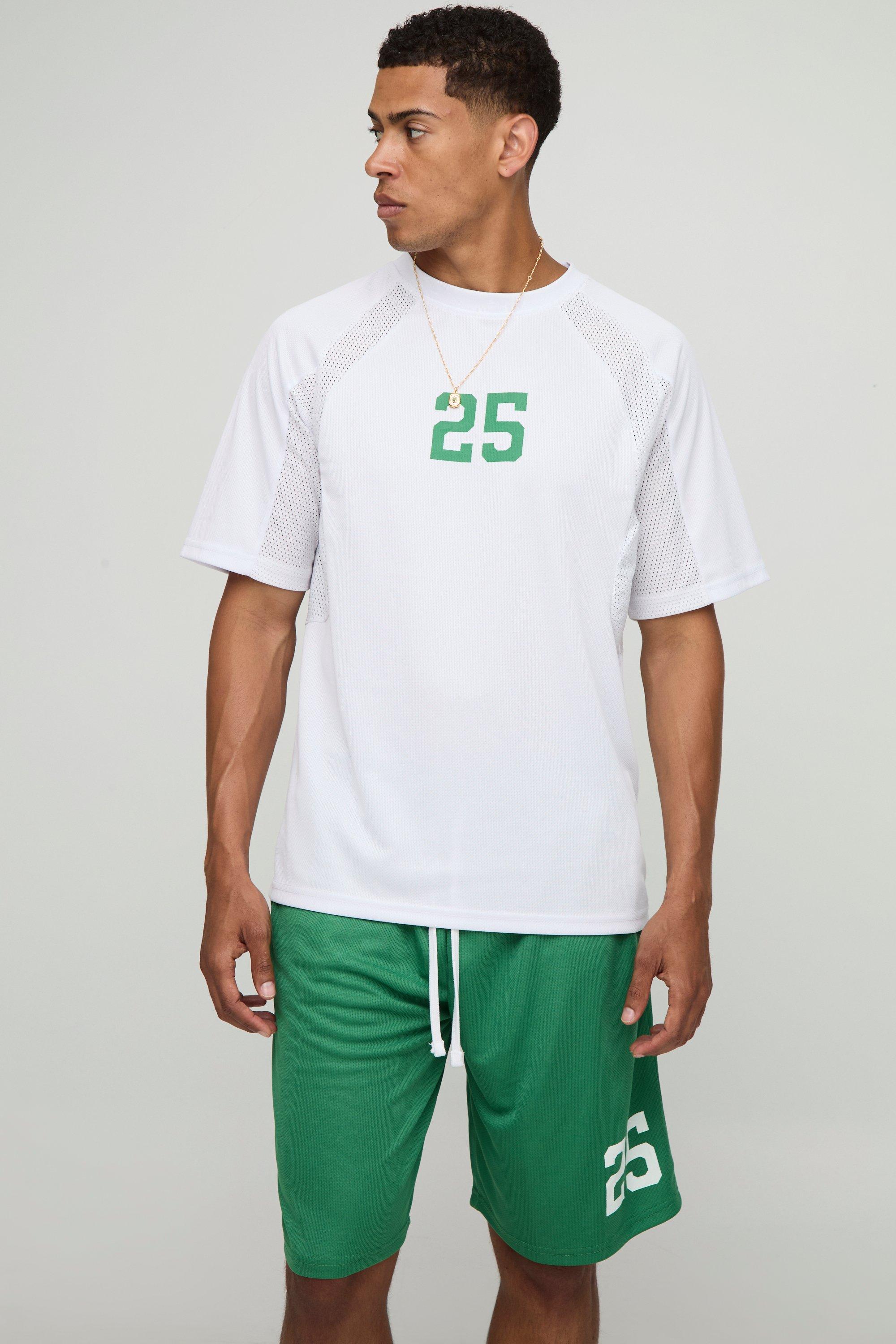 Mens Green Regular Varsity Mesh T-Shirt And Short Set, Green