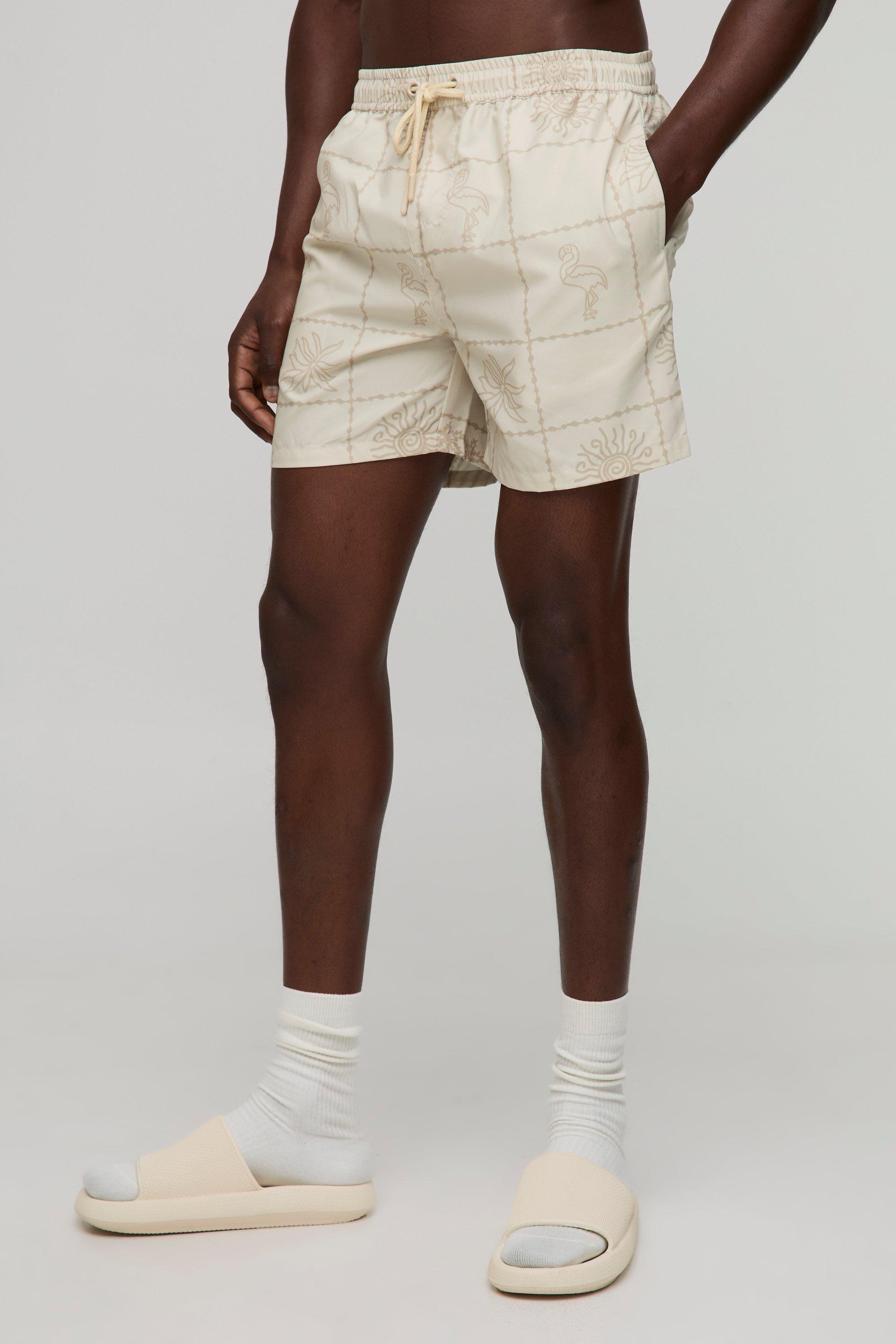 Image of Mid Length Tonal Tropical Print Swim Shorts, Cream