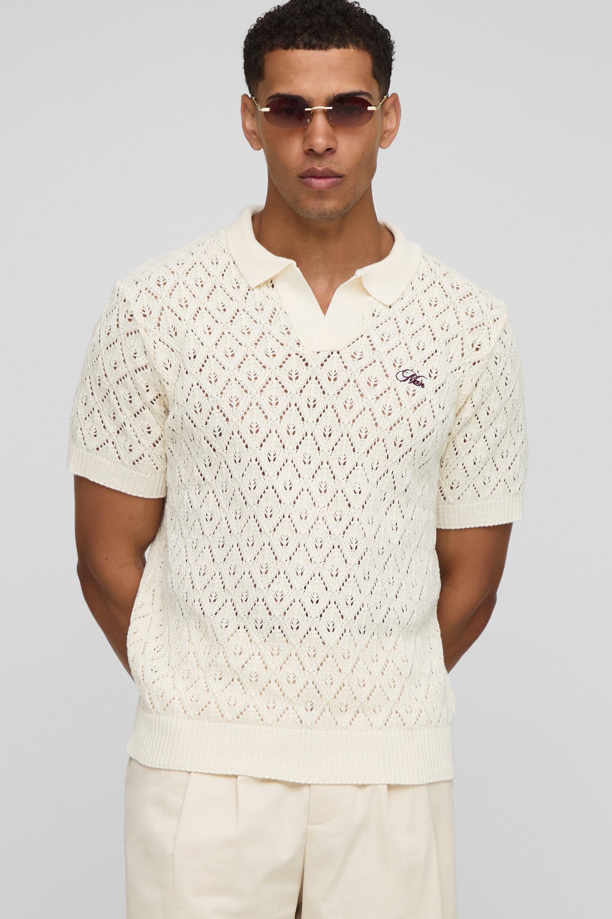 Mens Cream MAN Regular Fit Open Stitch Knitted Polo, Cream