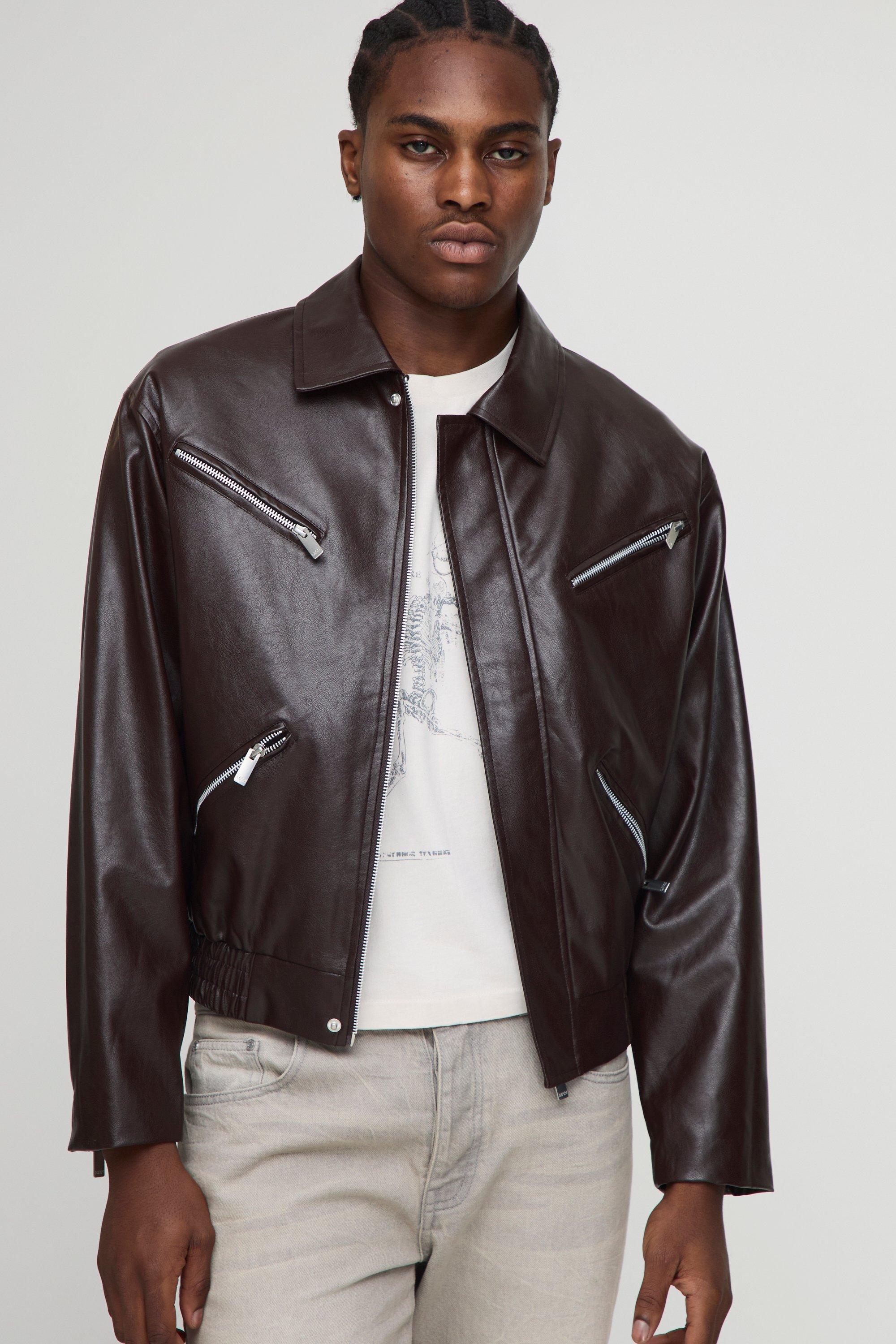 Mens Brown Boxy Fit Zip Detail PU Collared Bomber Jacket, Brown