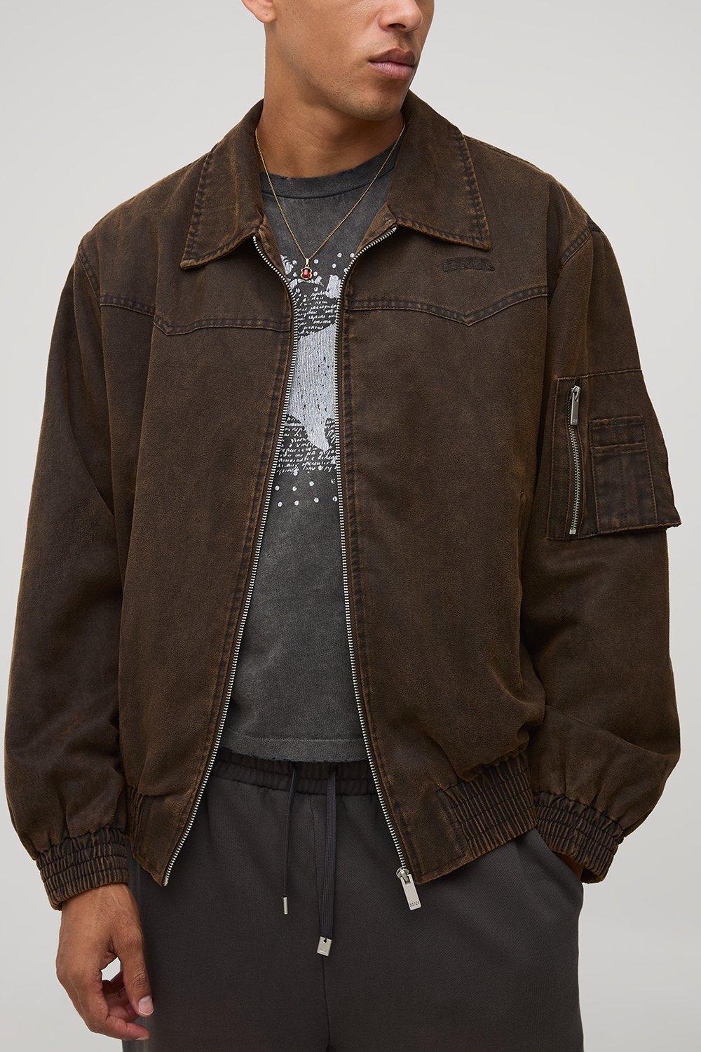 Mens Brown Regular Fit Washed Suede Collared Bomber Jacket, Brown