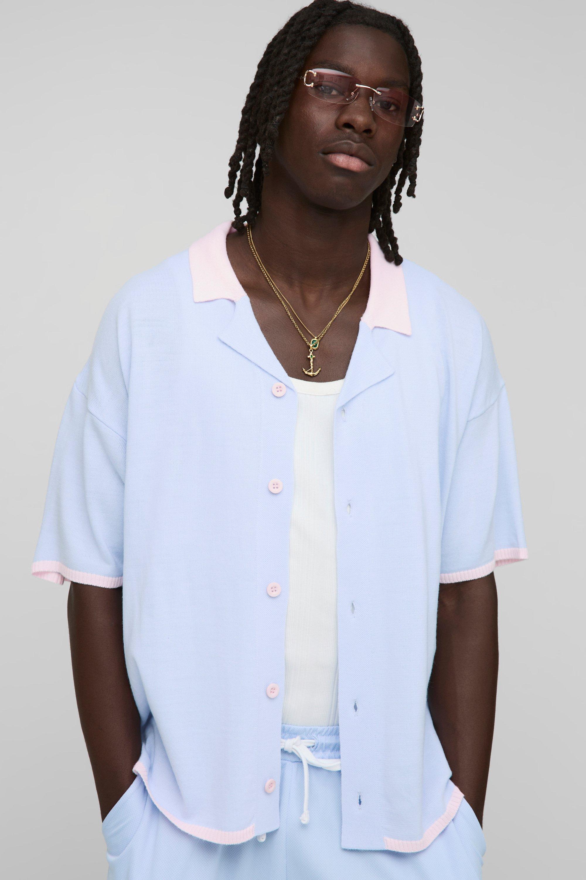 Image of Camicia in maglia con ricami di palme, Azzurro
