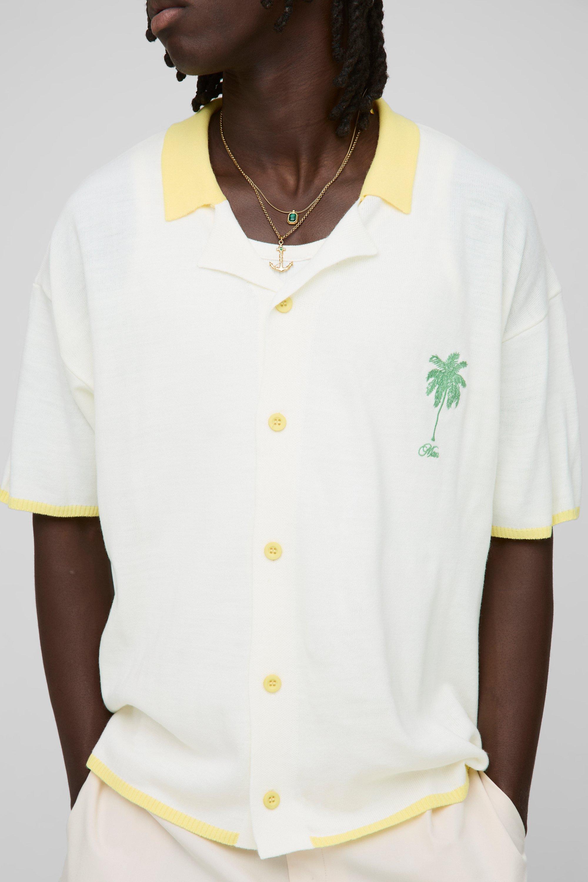 Image of Camicia in maglia con ricami di palme, Bianco