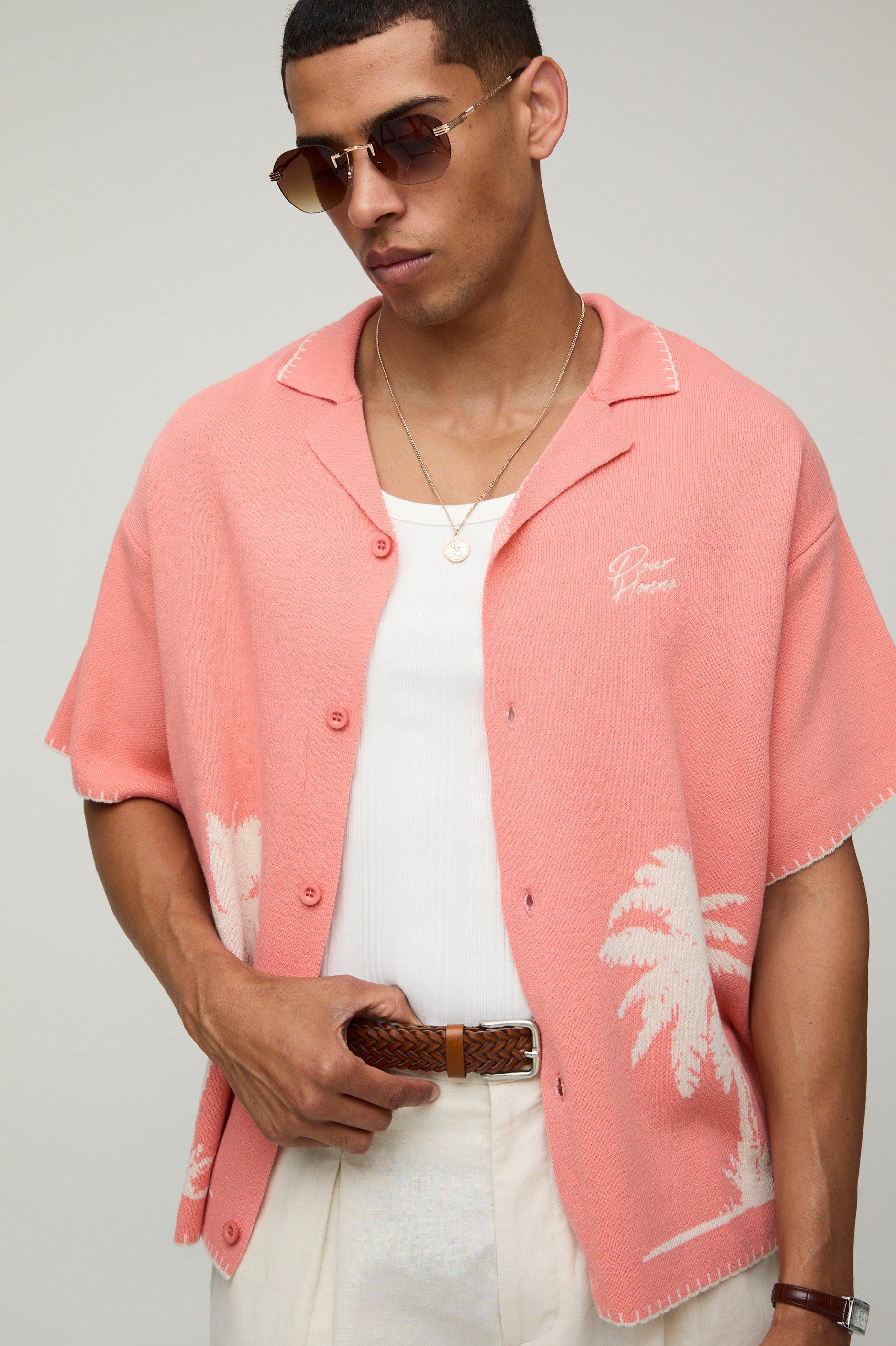 Boxy Fit Palm Tree Jacquard Knitted Shirt