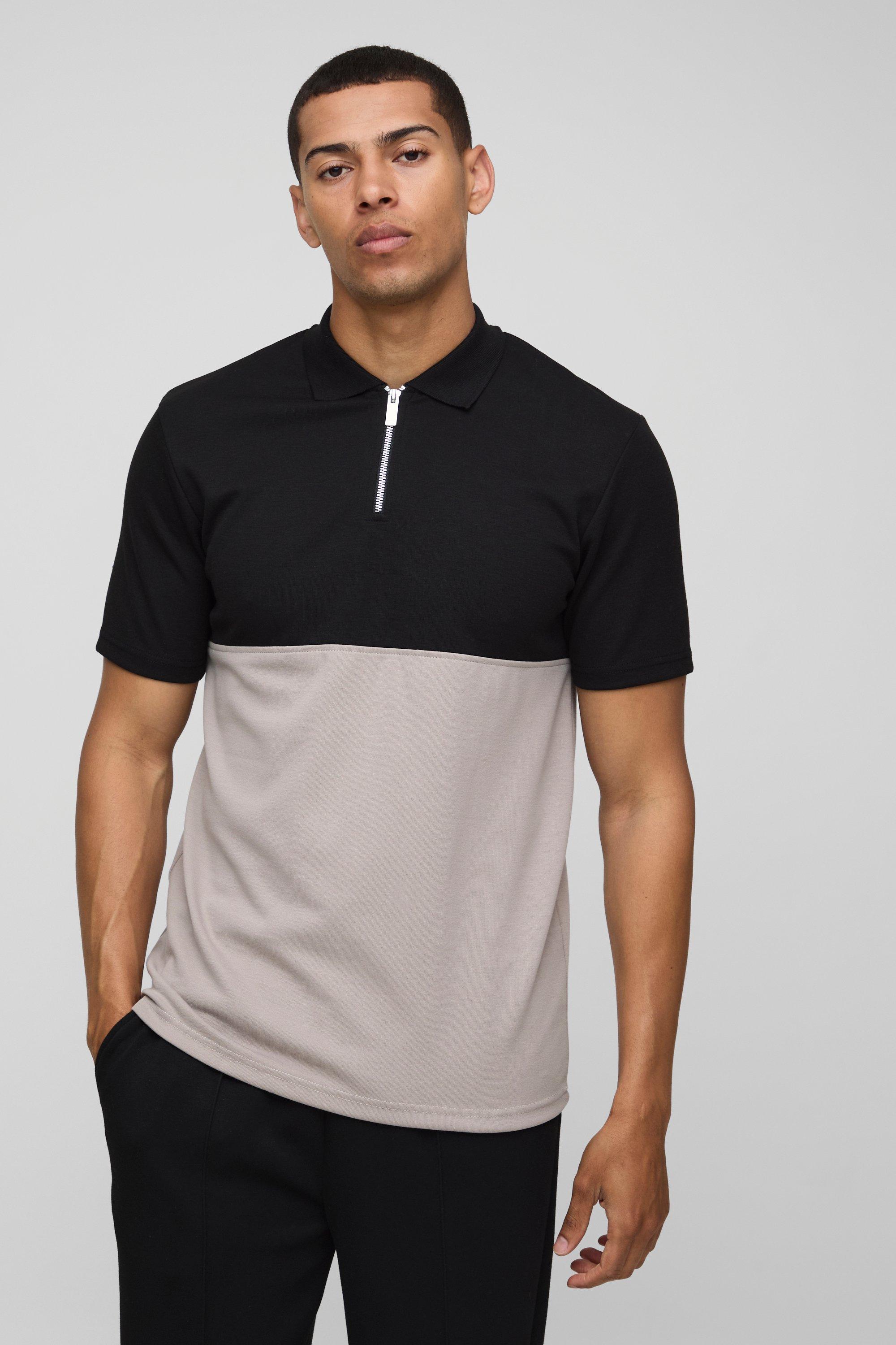 Mens Beige Slim Panelled Zip Neck Interlock Polo, Beige