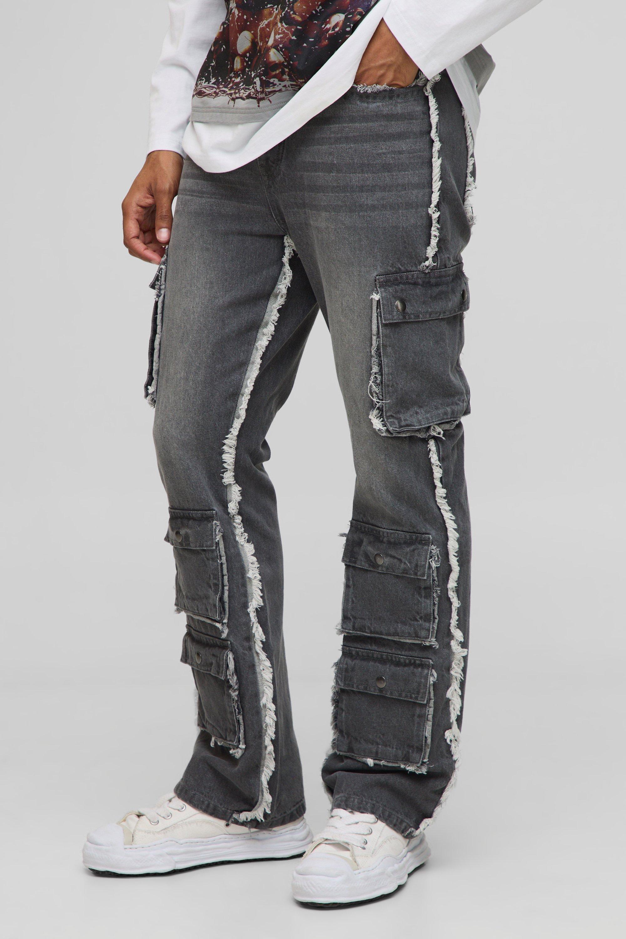 Image of Slim Flared Multi Cargo Washed Jeans, Grigio