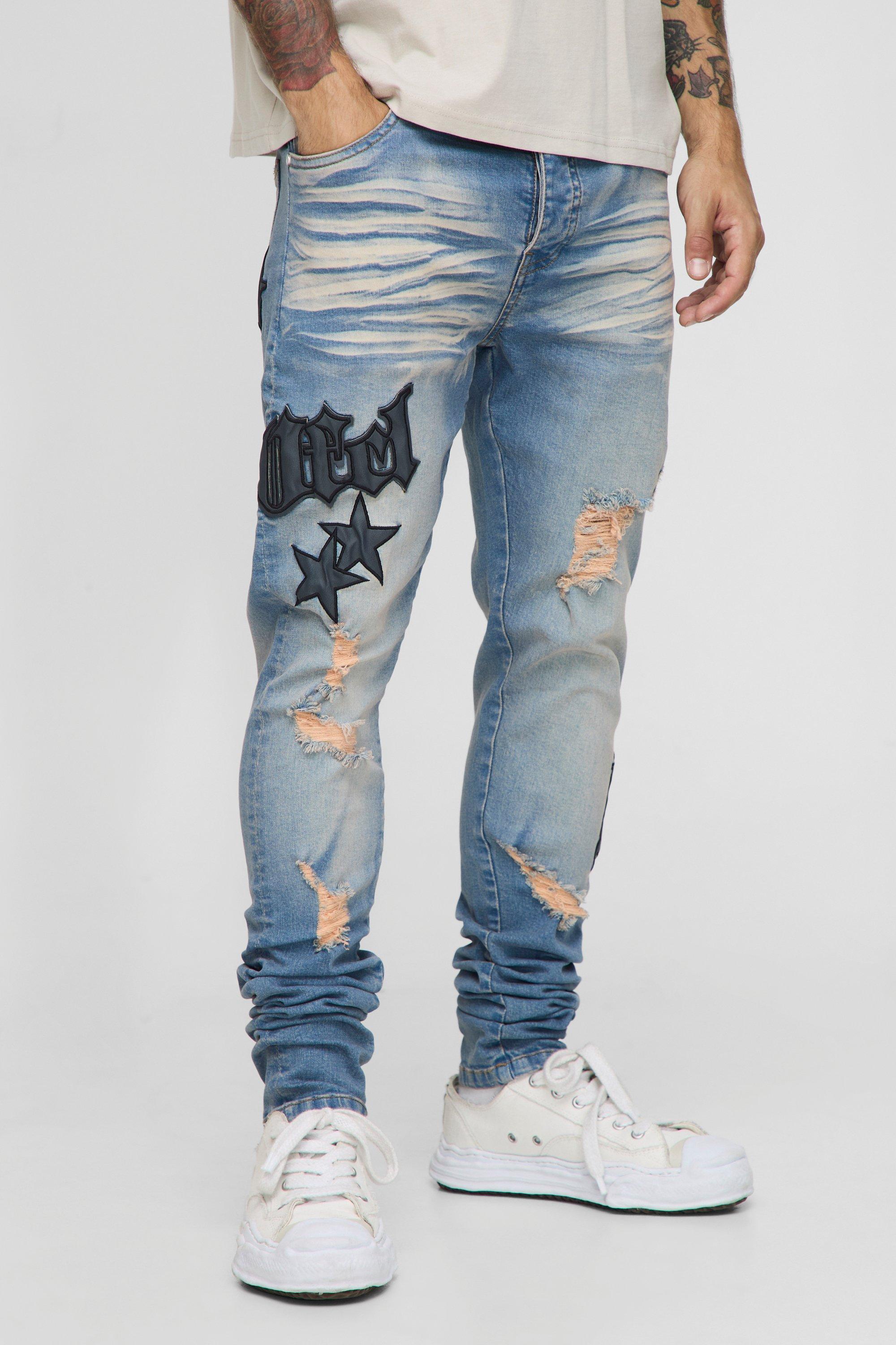 Image of Skinny Fit Stacked PU Applique Washed Chain Jeans, Bianco
