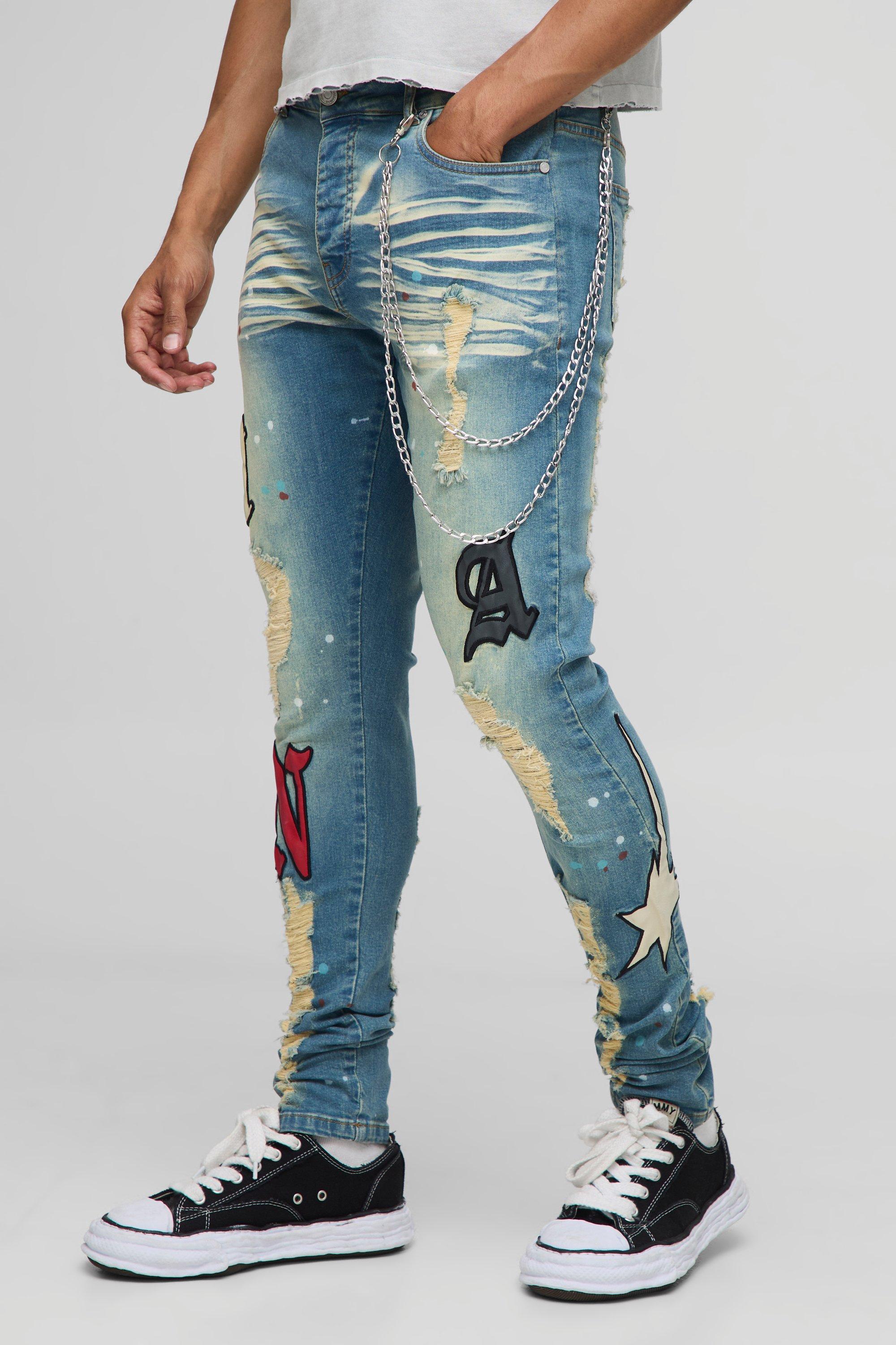 Image of Skinny Fit Stacked PU Applique Washed Chain Jeans, Azzurro
