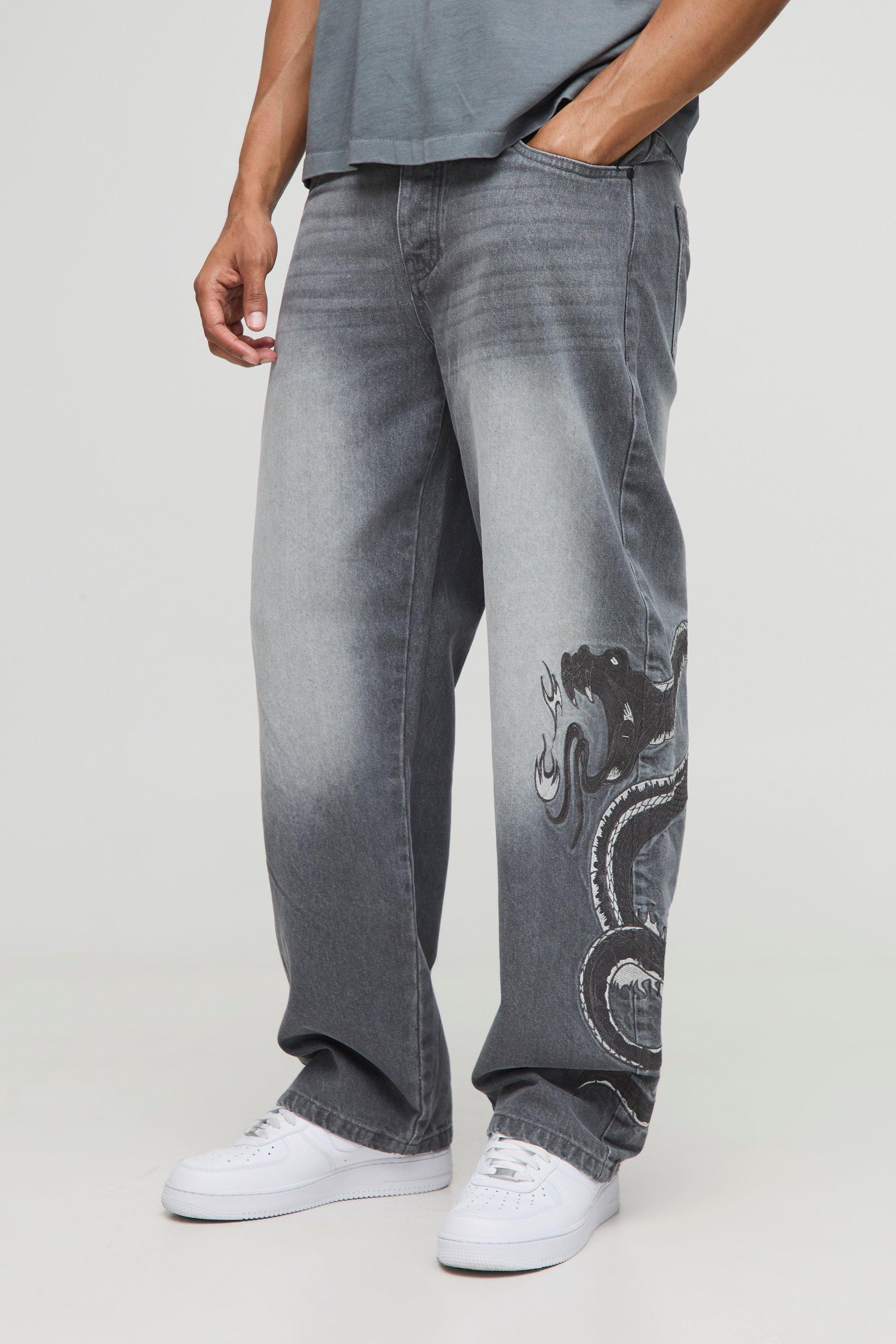 Mens Grey Relaxed Fit Snake Embroidery Washed Jeans, Grey