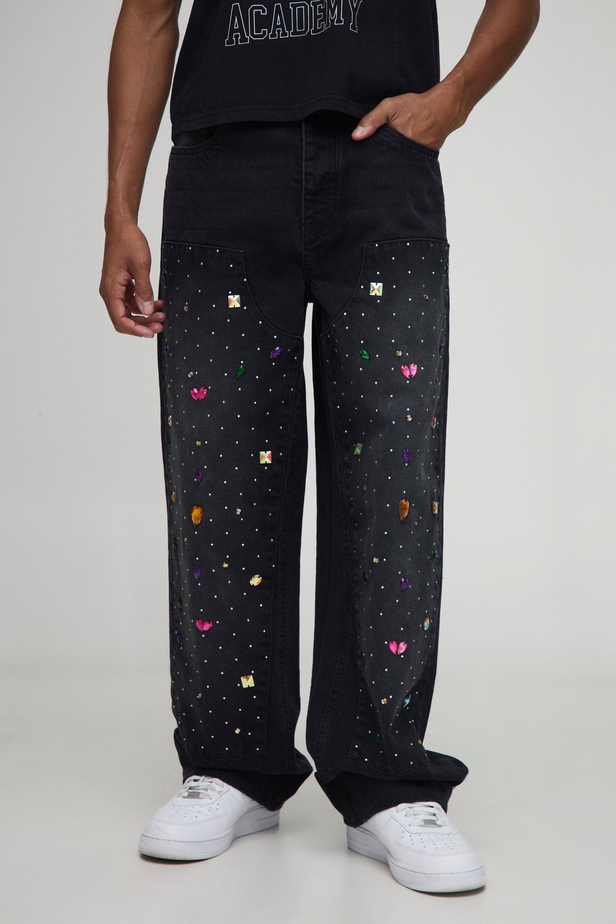 Mens Black Relaxed Fit Embellished Carpenter Washed Jeans, Black