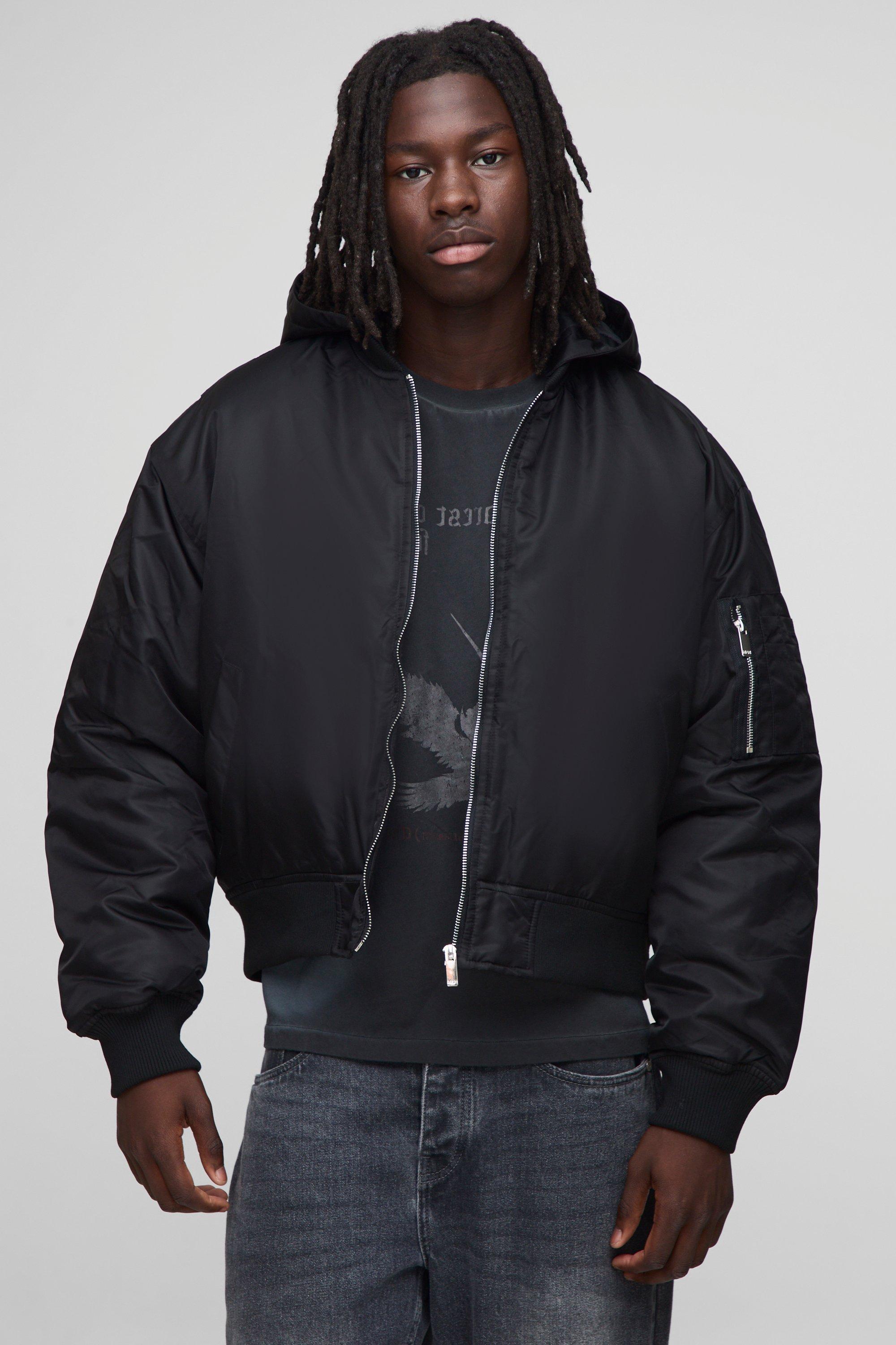 Image of Oversized Boxy Curved Hem Hooded Nylon Bomber Jacket, Nero