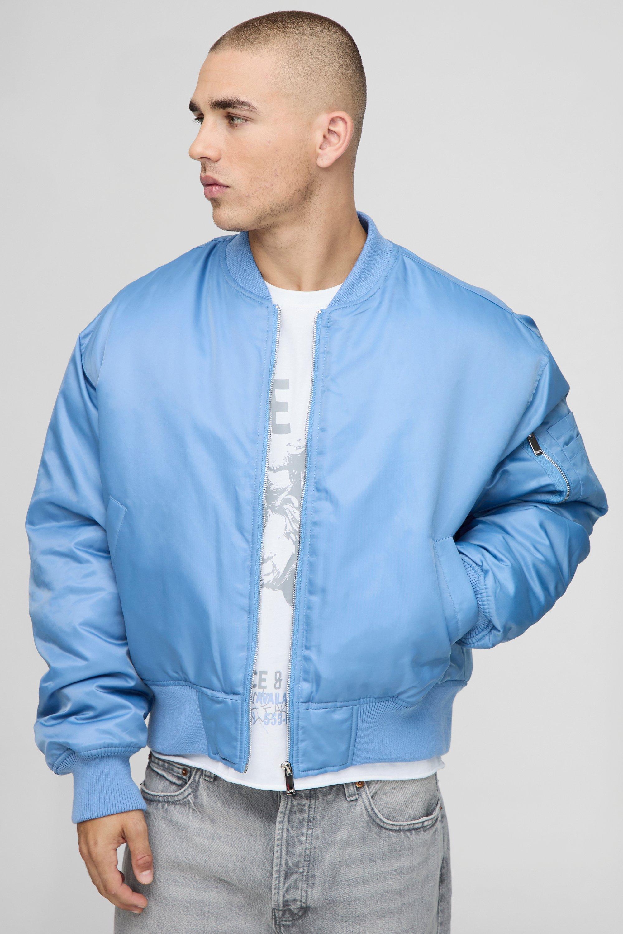 Mens Blue Oversized Boxy Curved Hem Nylon Bomber Jacket, Blue