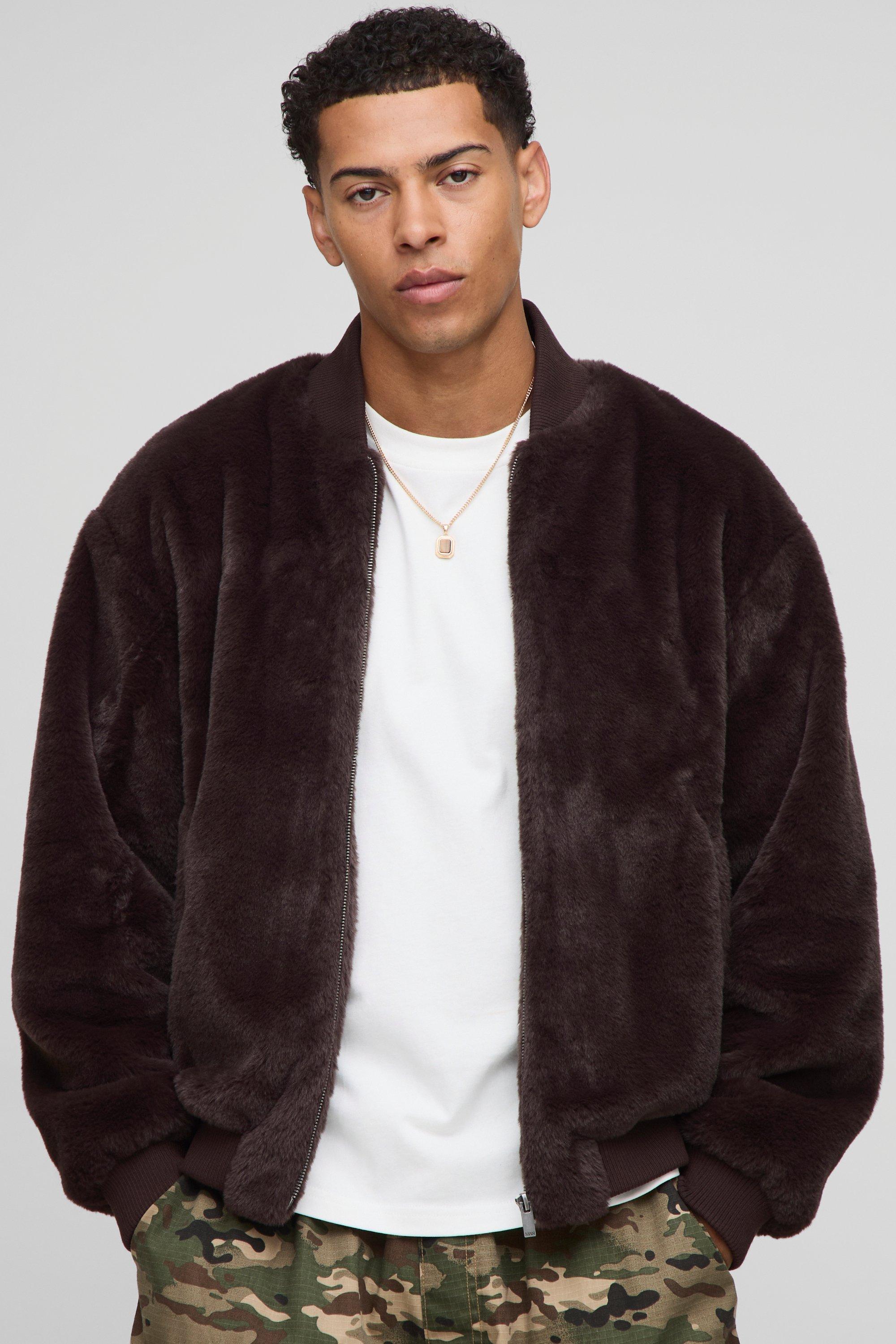 Mens Brown Regular Fit Faux Fur Bomber Jacket, Brown