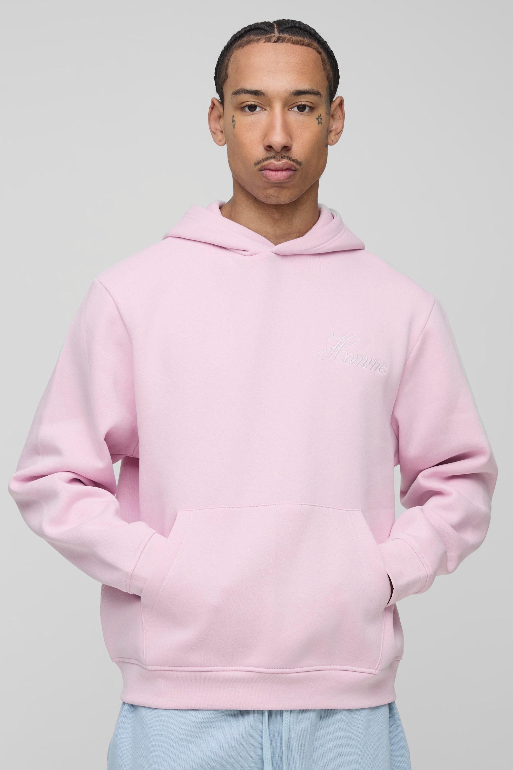 Mens Pink Regular Homme Embroidered Hoodie, Pink