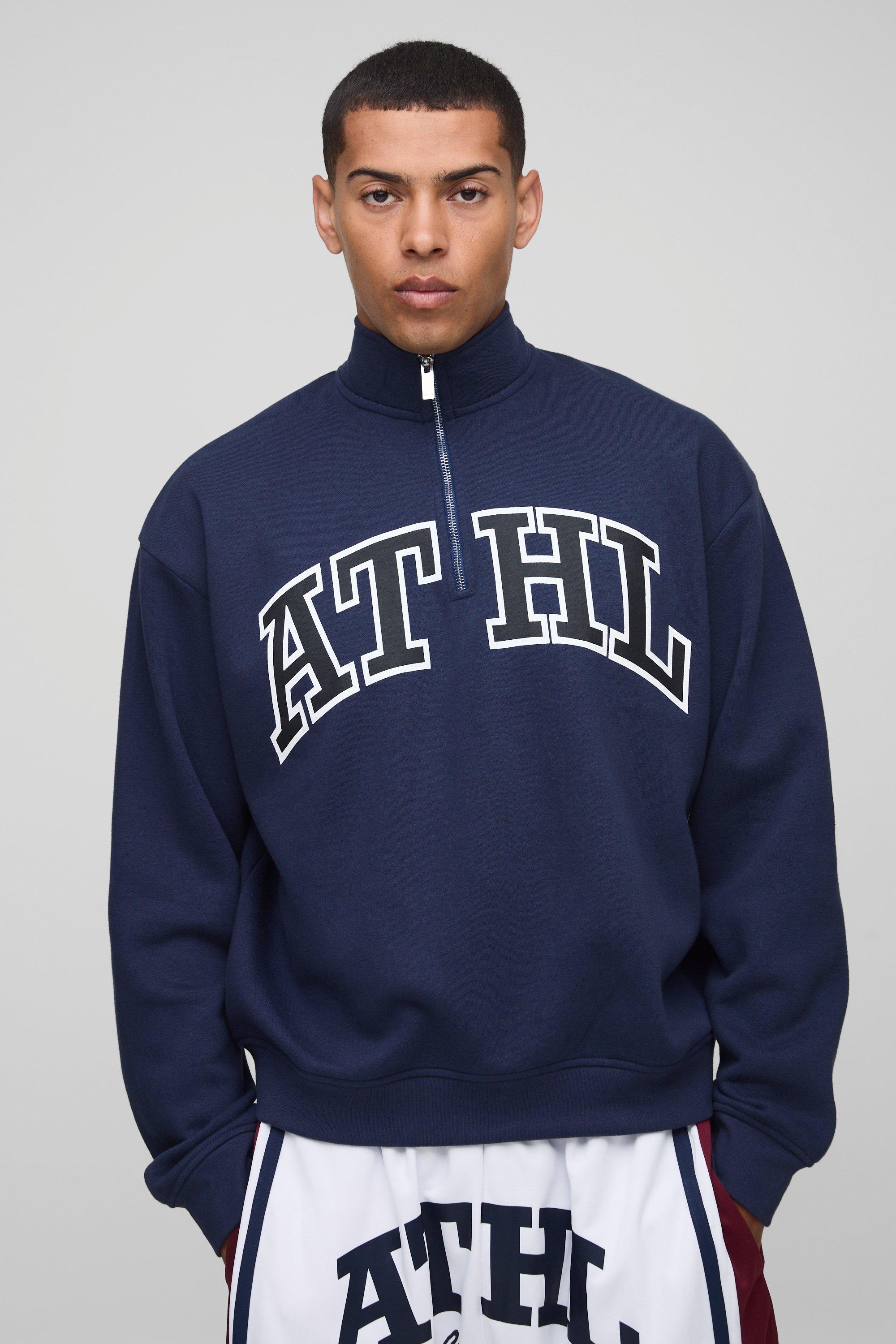 Mens Navy Oversized Boxy Quarter Zip Printed Funnel Neck Sweatshirt, Navy