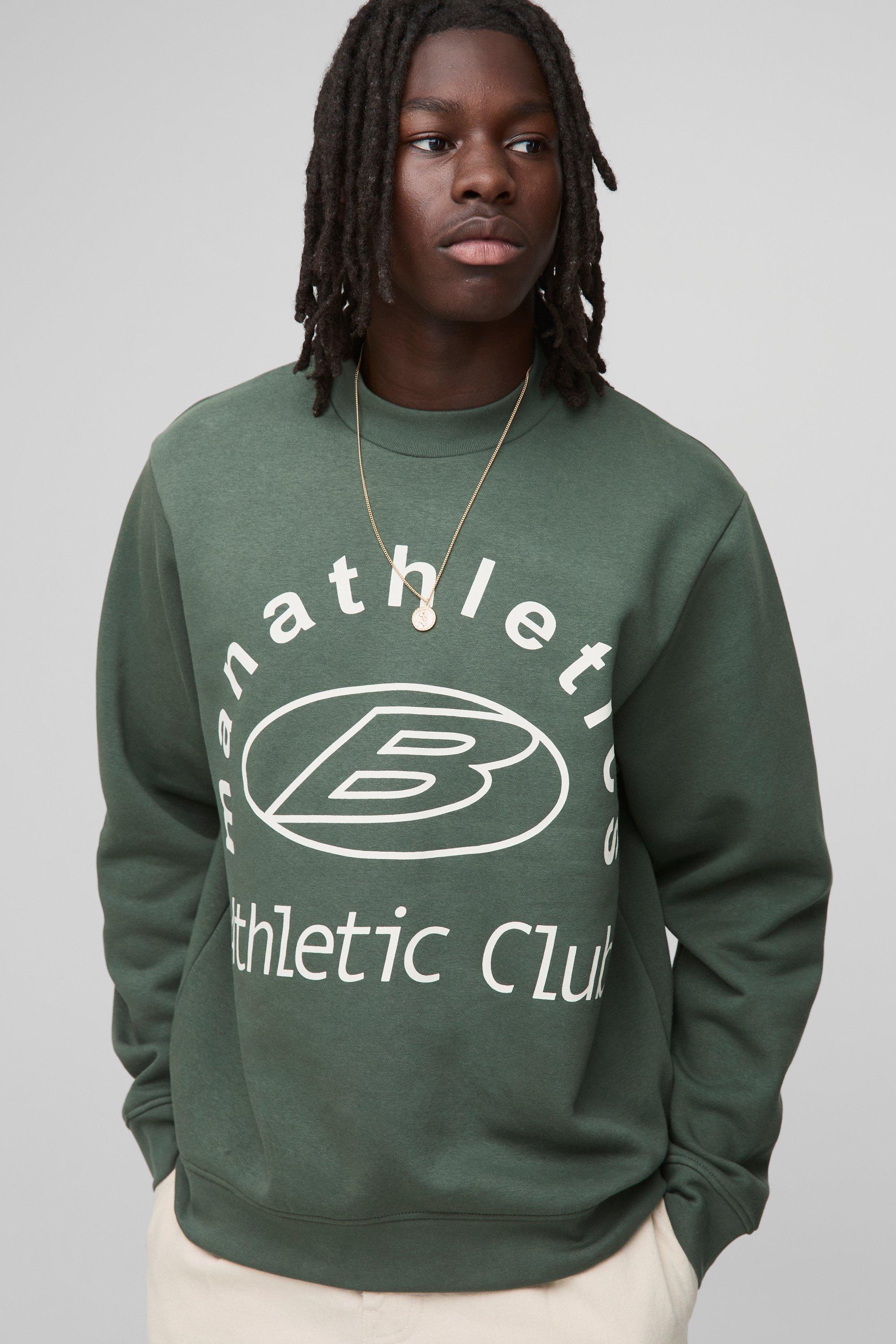 Mens Green Regular Athletic Club Printed Extended Neck Sweatshirt, Green