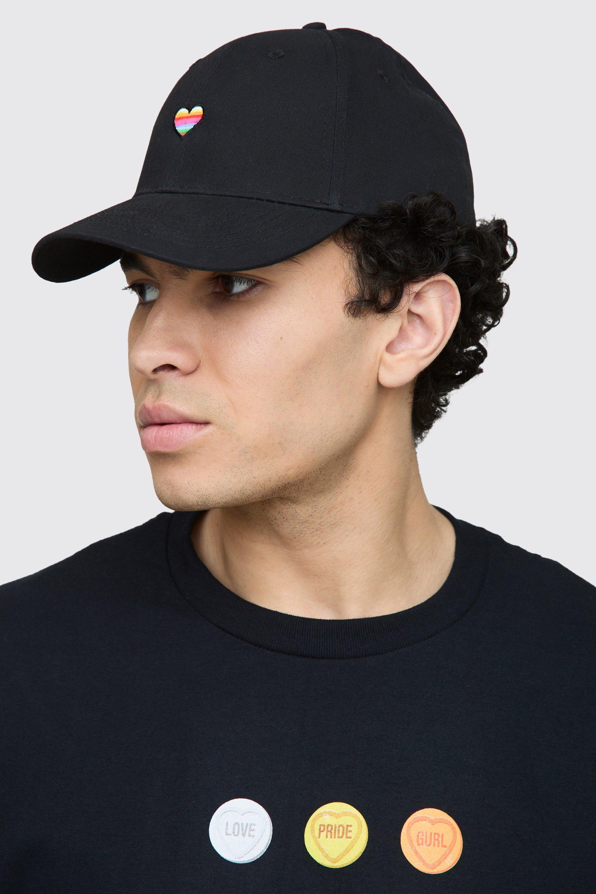 Mens Black Rainbow Heart Embroidered Pride Cap, Black