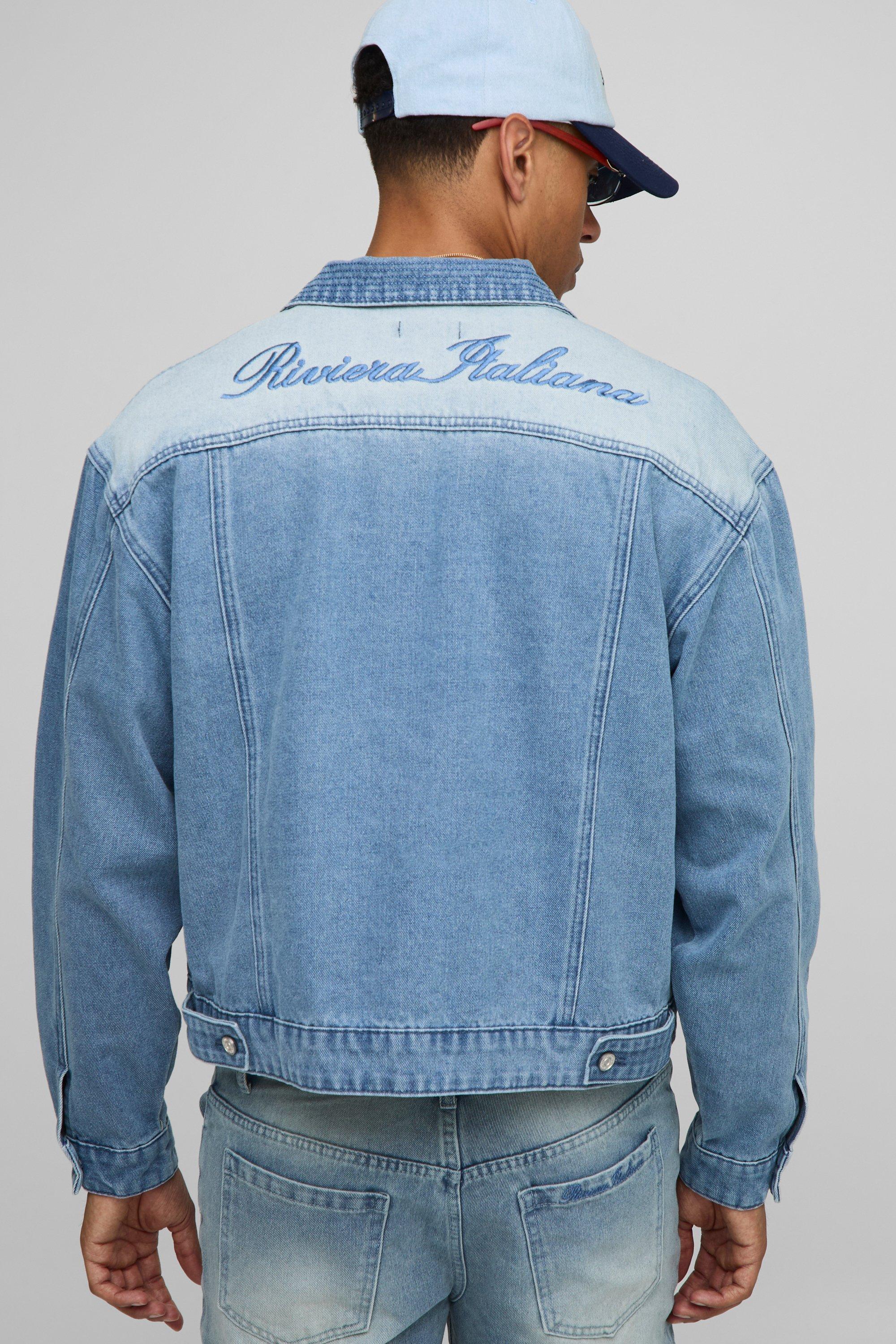 Image of Boxy Fit Ice Blue Washed Embroidered Denim Jacket, Azzurro