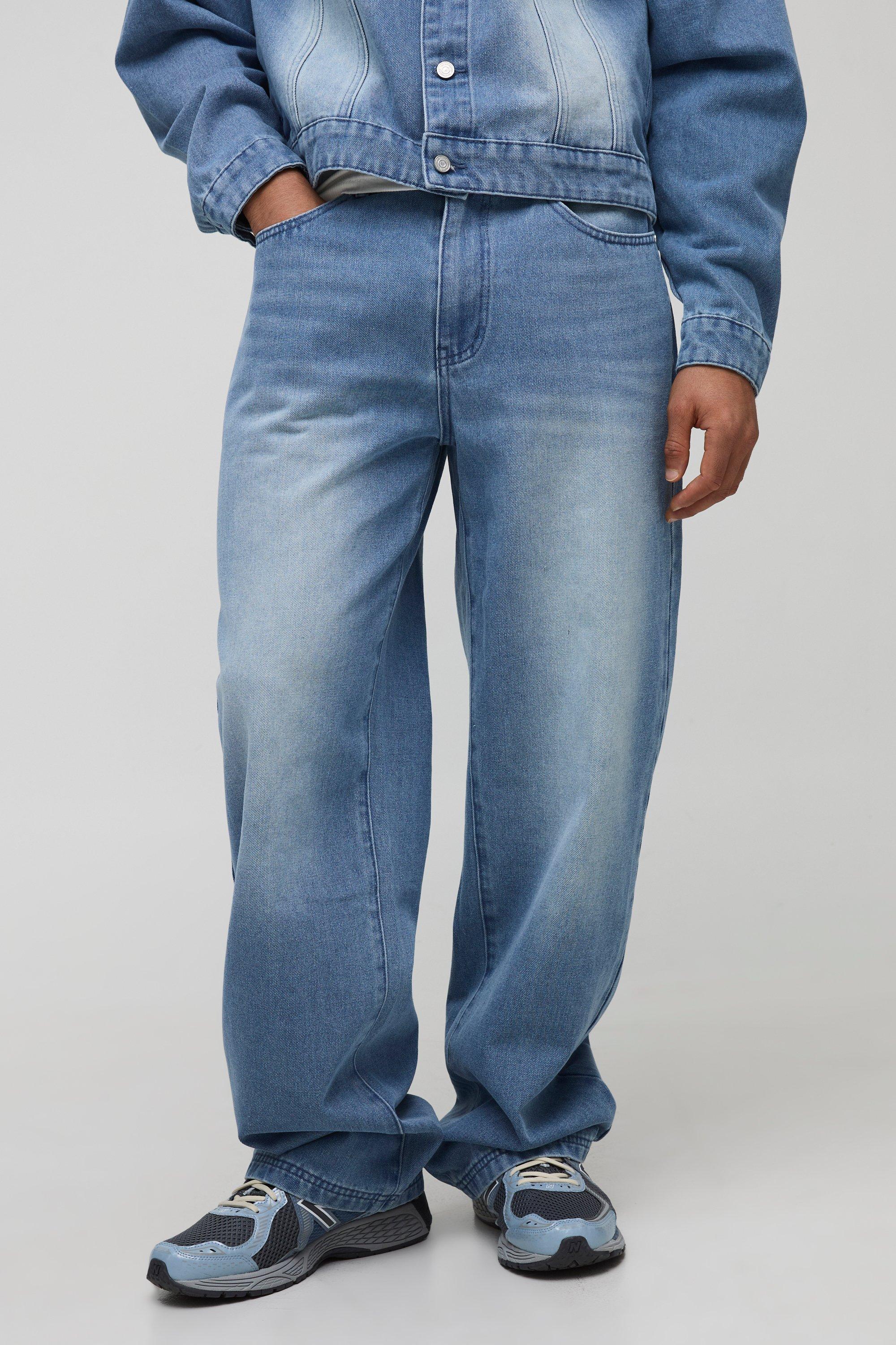 Mens Relaxed Fit Ice Blue Washed Embroidered Jeans, Blue