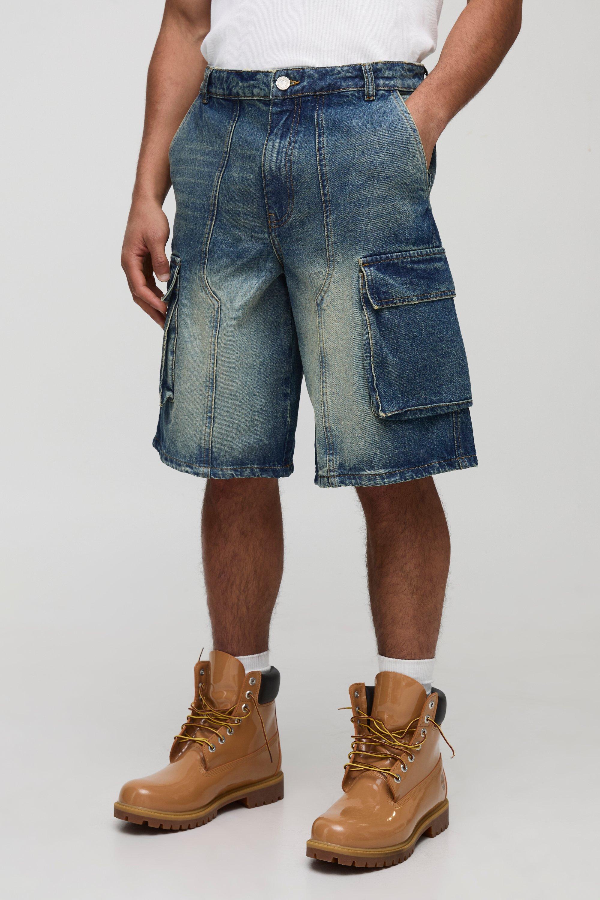 Mens Blue Sfera Regular Fit Washed Cargo Carpenter Denim Jorts, Blue