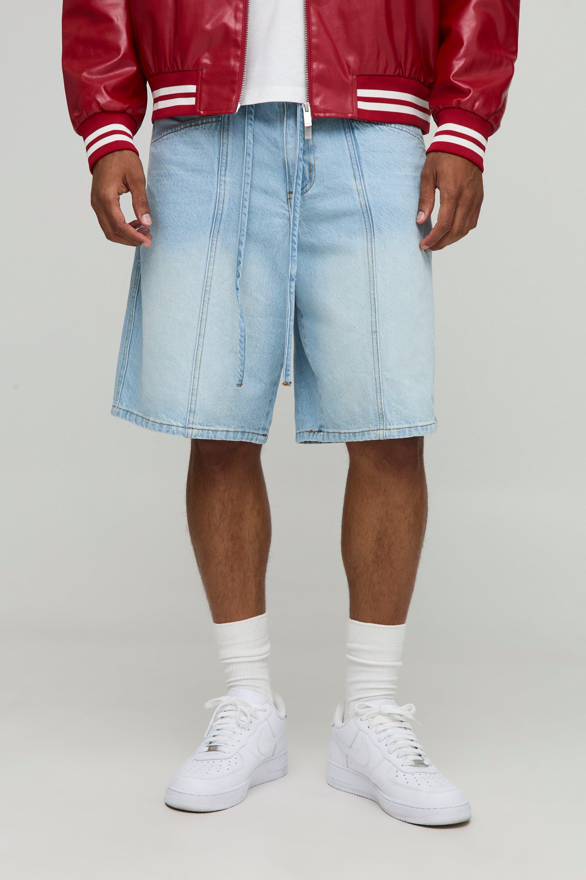 Mens Blue Sfera Regular Fit Panelled Embroidered Jorts, Blue
