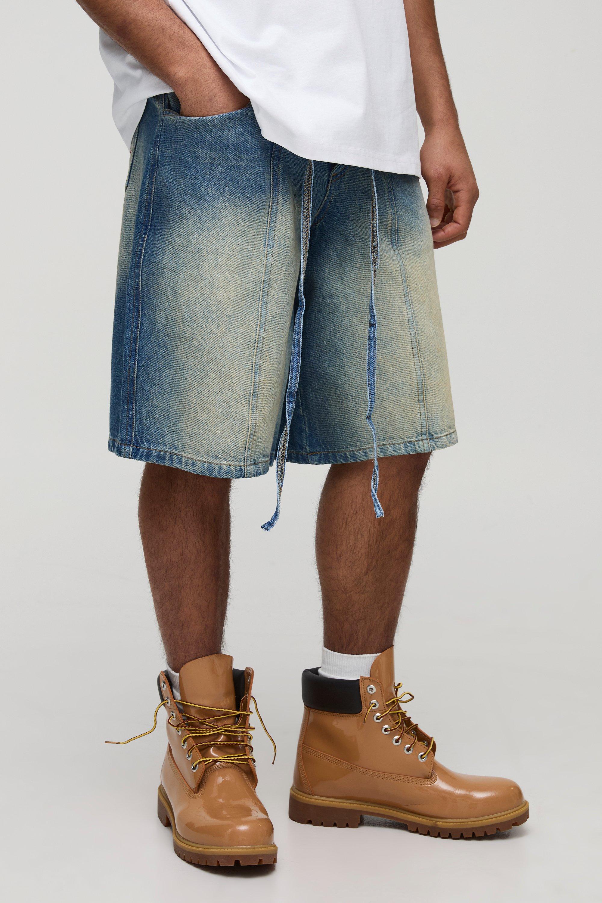 Mens Blue Sfera Regular Fit Panelled Embroidered Jorts, Blue