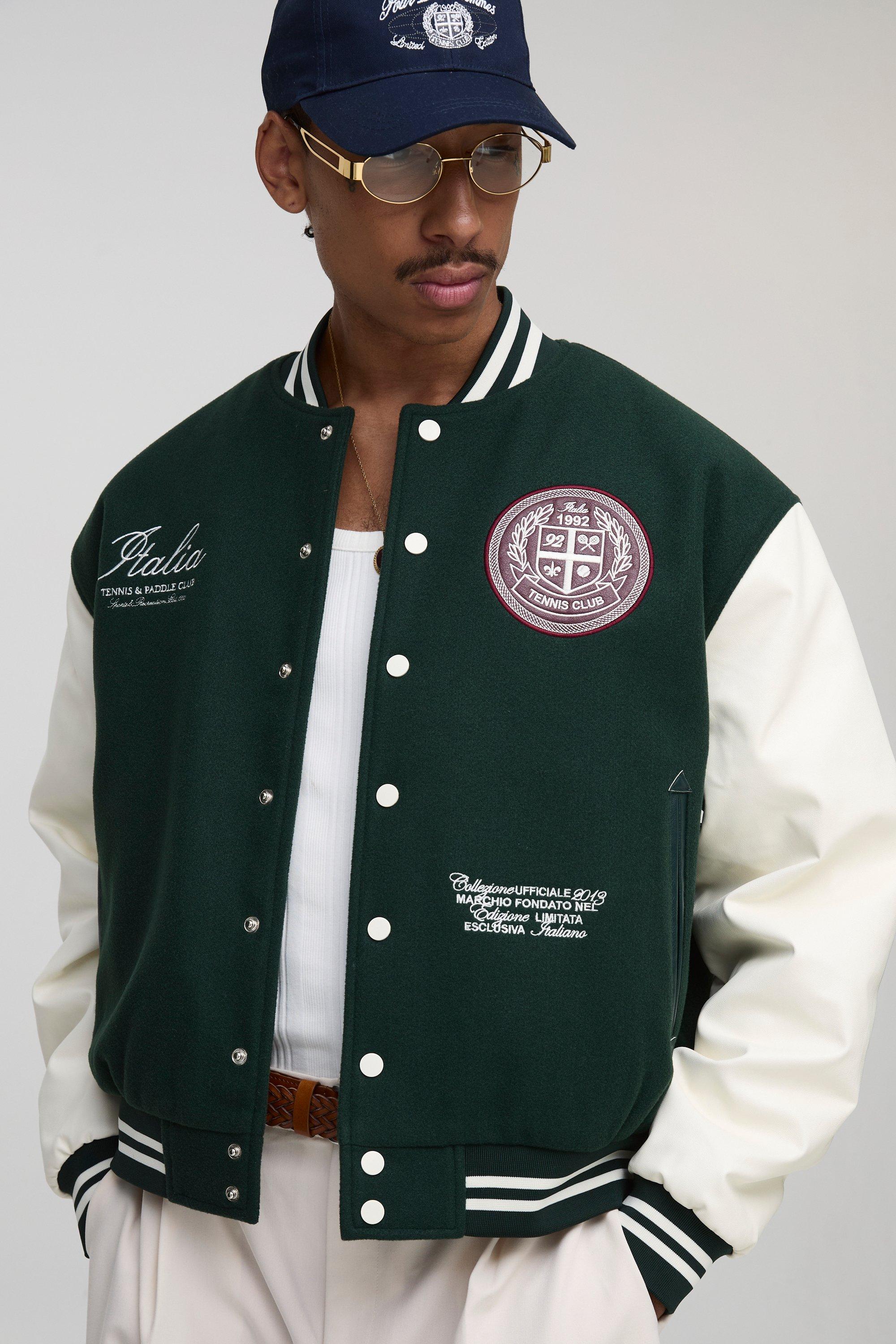 Mens Green Oversized Boxy Melton Embroidered Bomber Jacket, Green