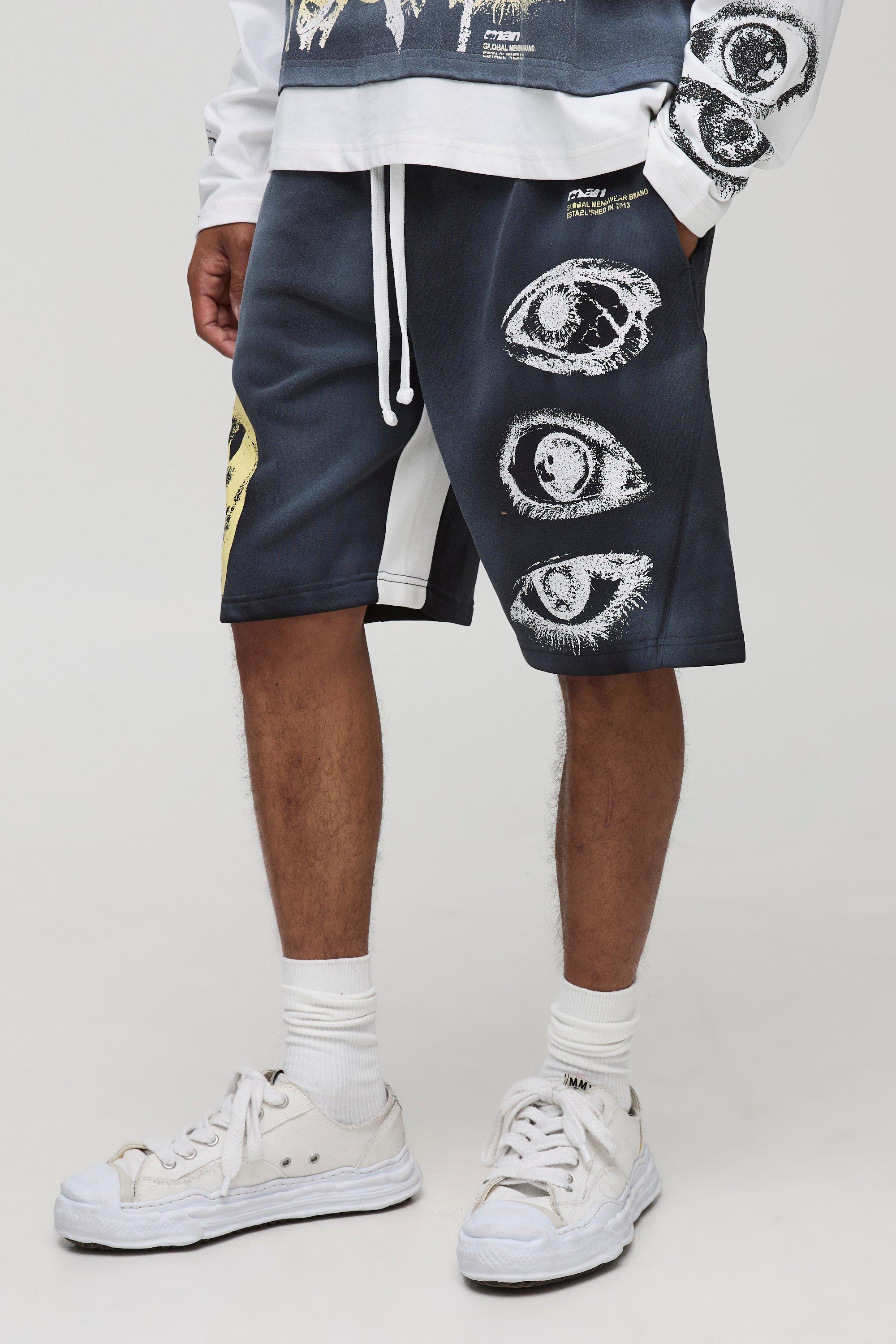 Mens Black Oversized Ofclman Graphic Gusset Mid Length Shorts, Black