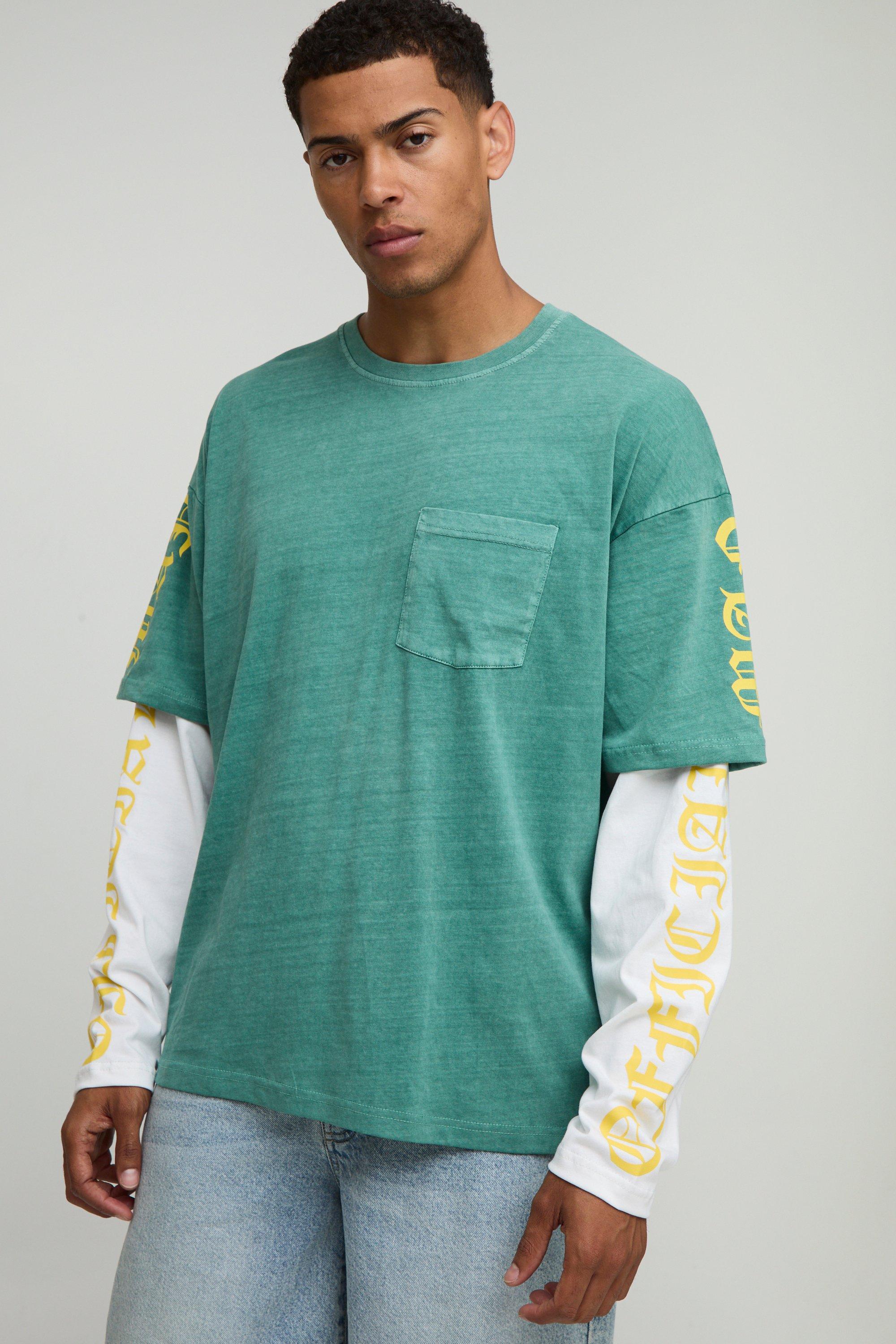 Mens Green Oversized Official Faux Layer Washed T-Shirt, Green