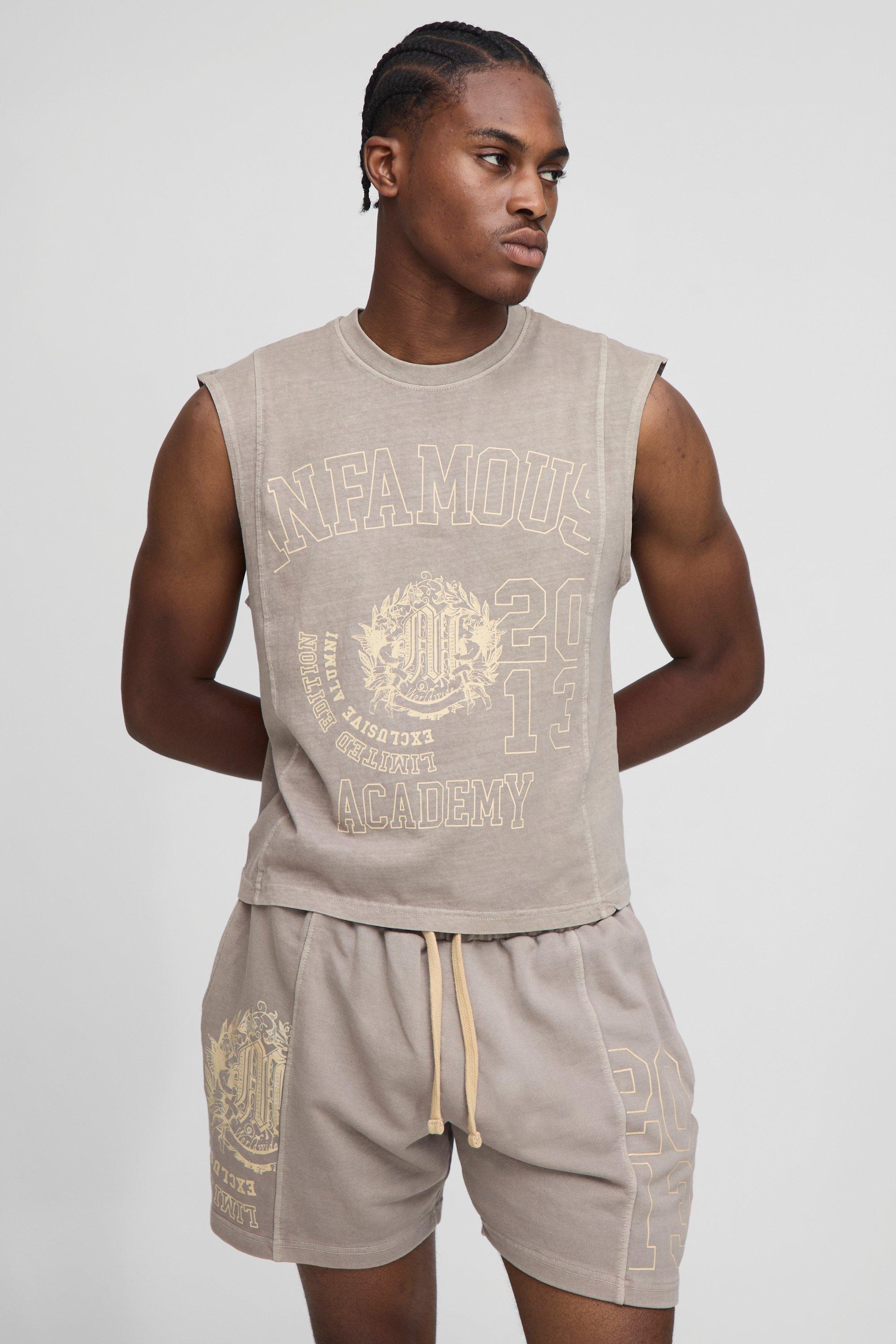 Mens Green Boxy Fit Varsity Washed vest & Short Set, Green